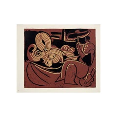 1959 linogravure by Pablo Picasso : Femme couchée et homme à la guitare