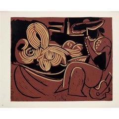 1959 linogravure by Pablo Picasso : Femme couchée et homme à la guitare