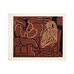 1959 linogravure by Pablo Picasso : Femme dans un fauteuil et guitariste