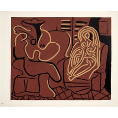 1959 linogravure by Pablo Picasso : Femme dans un fauteuil et guitariste