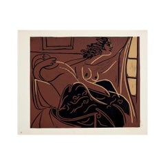 1959 linogravure by Pablo Picasso : Femme regardant par la fenêtre