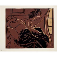 1959 linogravure by Pablo Picasso : Femme regardant par la fenêtre