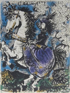 1960 Pablo Picasso 'Woman on Horseback' Cubism Black & White, Blue, Yellow France 