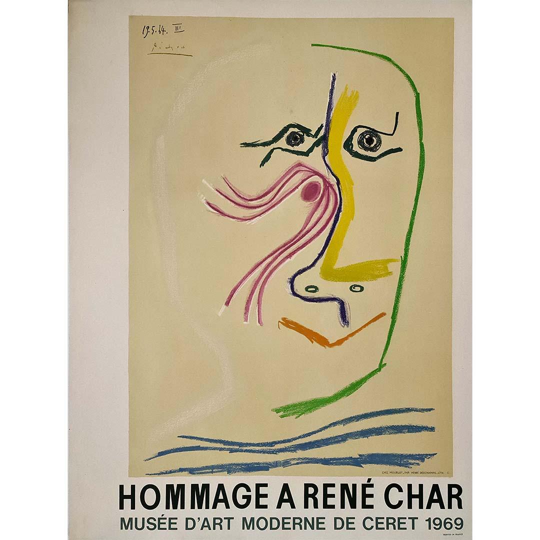 The original lithograph by Pablo Picasso, titled "Hommage à René Char," stands as a testament to the artist's enduring creativity and his homage to the esteemed French poet René Char. Created for the Musée d'art moderne de Céret, this particular