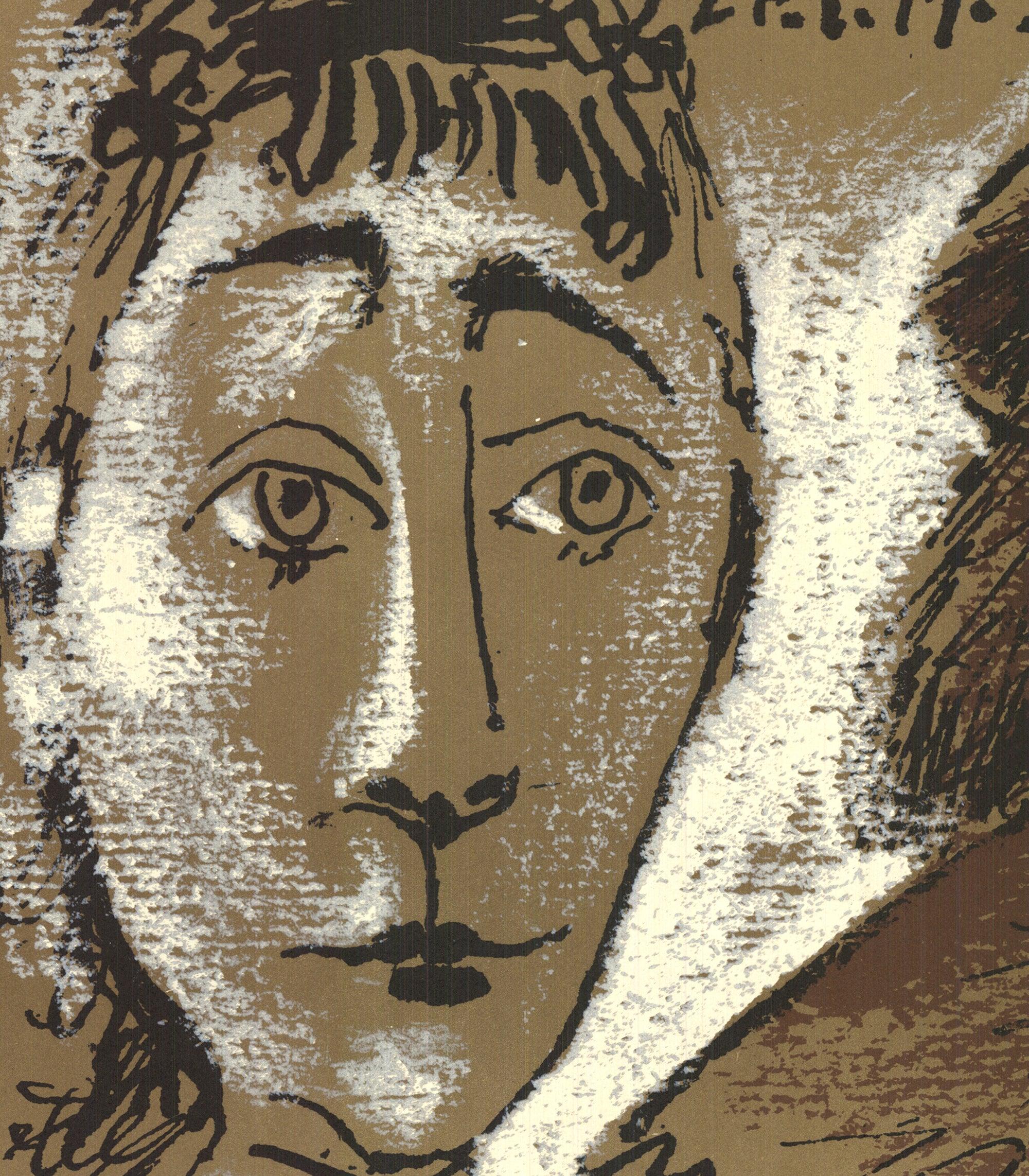 This lithograph features an unpublished work presented at the Musée Réattu in Arles, renowned for its collection of Picasso drawings. The artwork, created in 1971, depicts two faces—one younger and one older—reflecting Picasso's exploration of age