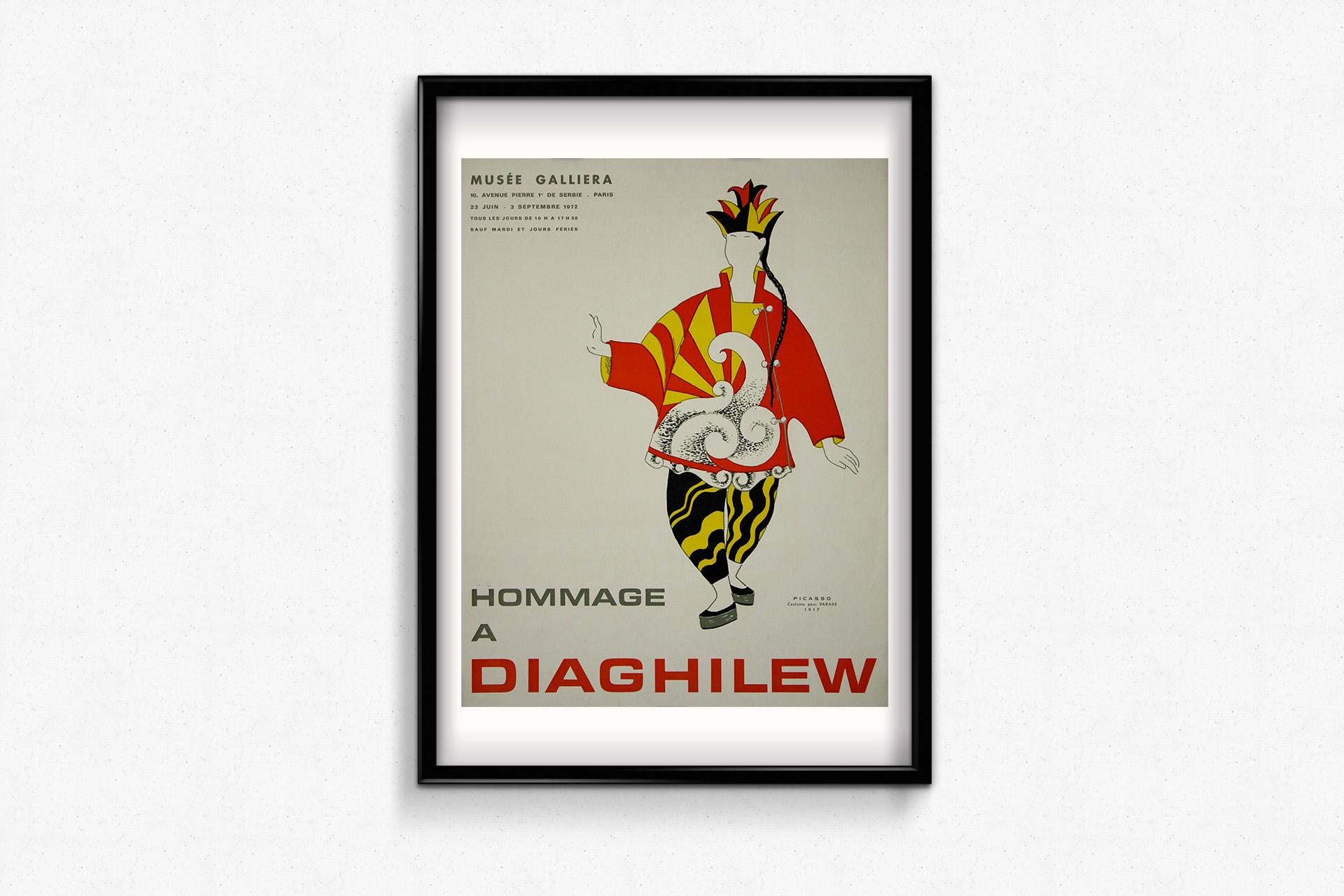 This striking 1972 original exhibition poster was created for the Hommage à Diaghilew held at the Musée Galliera in Paris, honoring the legendary Russian impresario Sergei Diaghilev, founder of the Ballets Russes. The poster features an iconic