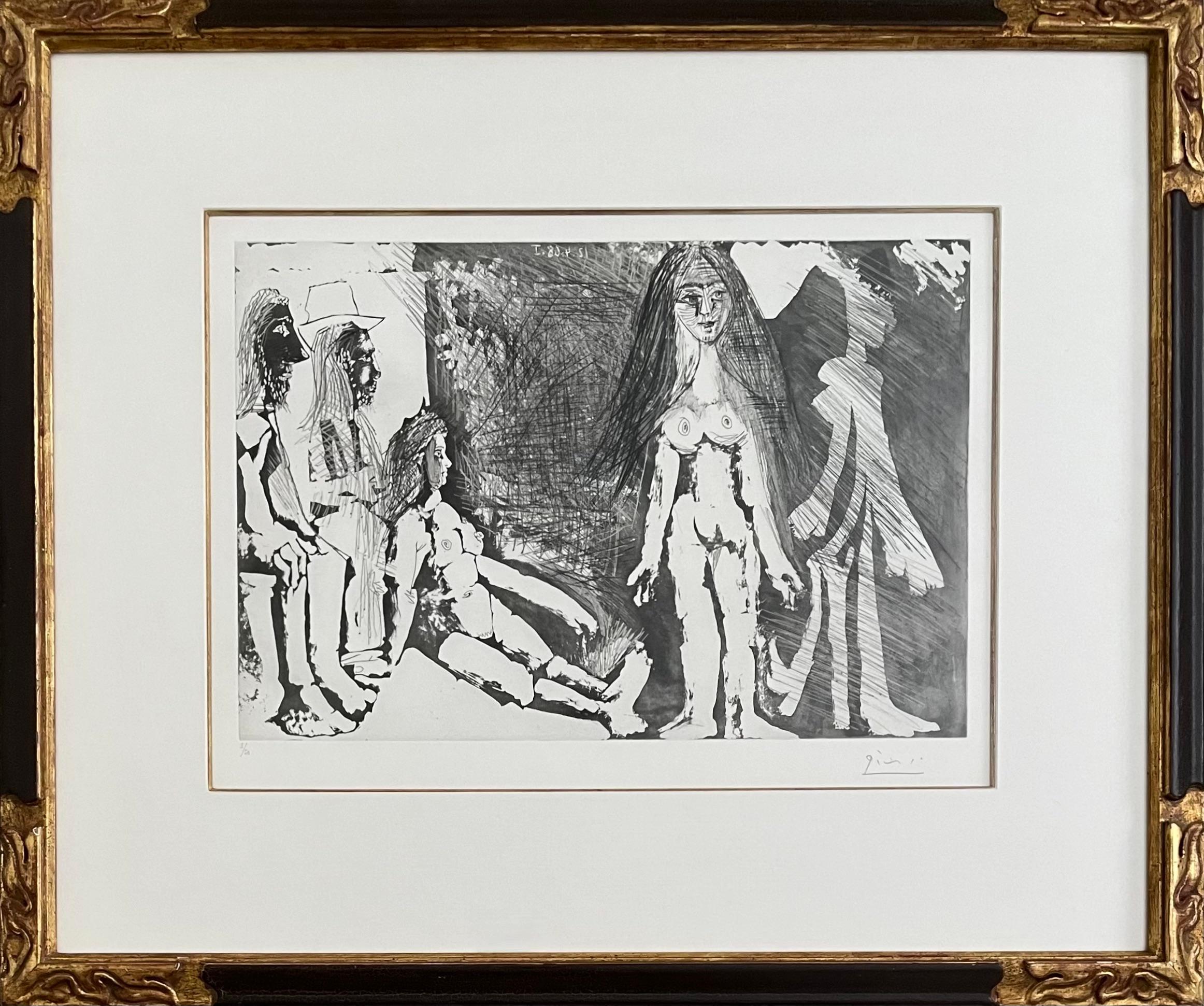 Artist: Pablo Picasso (1881-1973)
Title: Jeune fille regardée par une vielle femme et deux hommes dont un gitan
Year: 1968
Medium: Etching, aquatint and drypoint on Rives BFK paper
Size: 12.5 x 18.5 (plate); 17.75 x 24.25 inches (paper); 20.25 x