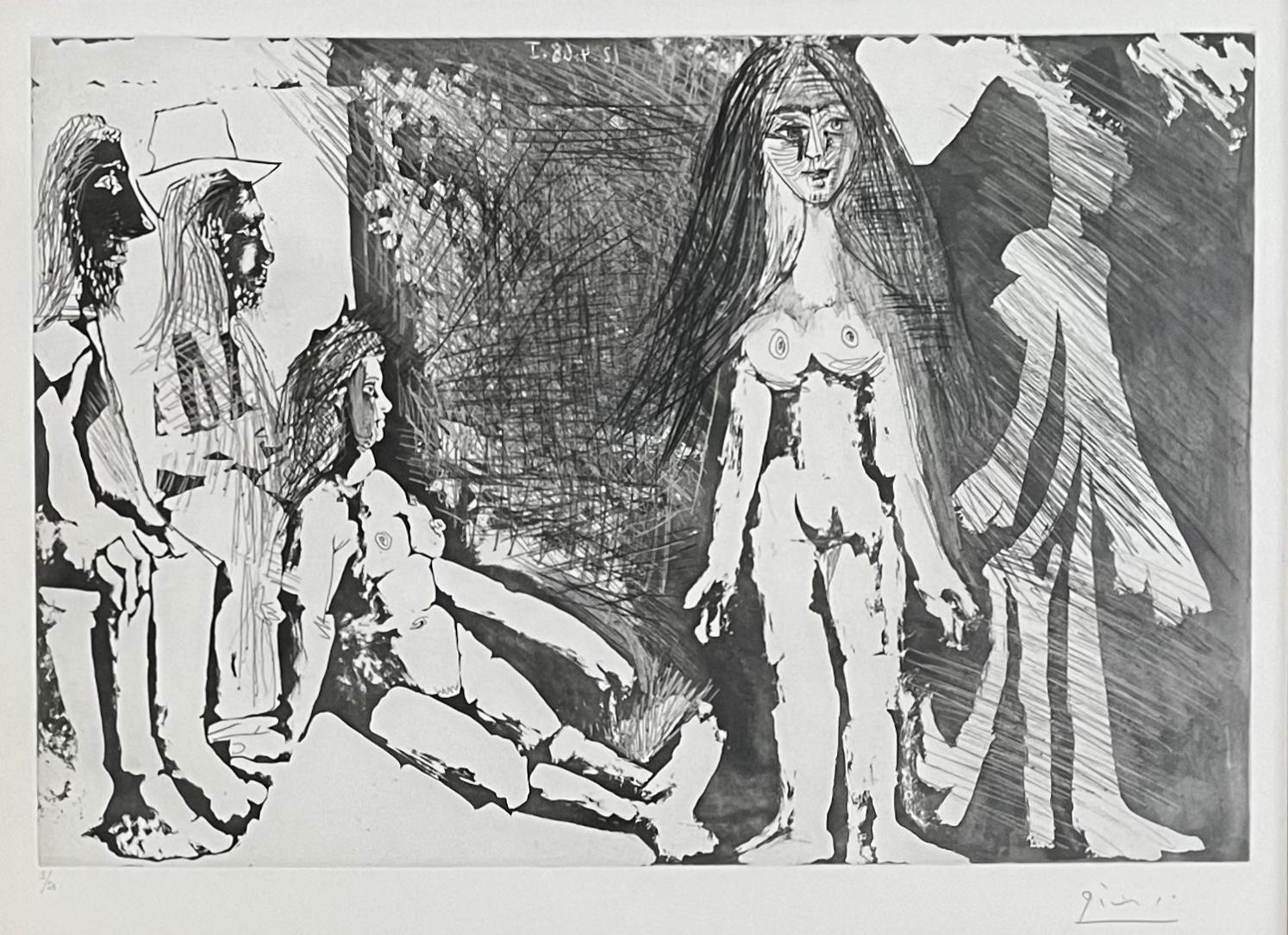 Artiste : Pablo Picasso (1881-1973)
Titre : Jeune fille regardée par une vielle femme et deux hommes dont un gitan
Année : 1968
Médium : Eau-forte, aquatinte et pointe sèche sur papier Rives BFK
Taille : 12.5 x 18.5 (plaque) ; 17.75 x 24.25 pouces