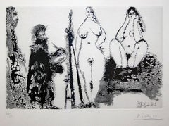 Peintre barbu en robe de chambre, avec deux femmes nues et un visiteur