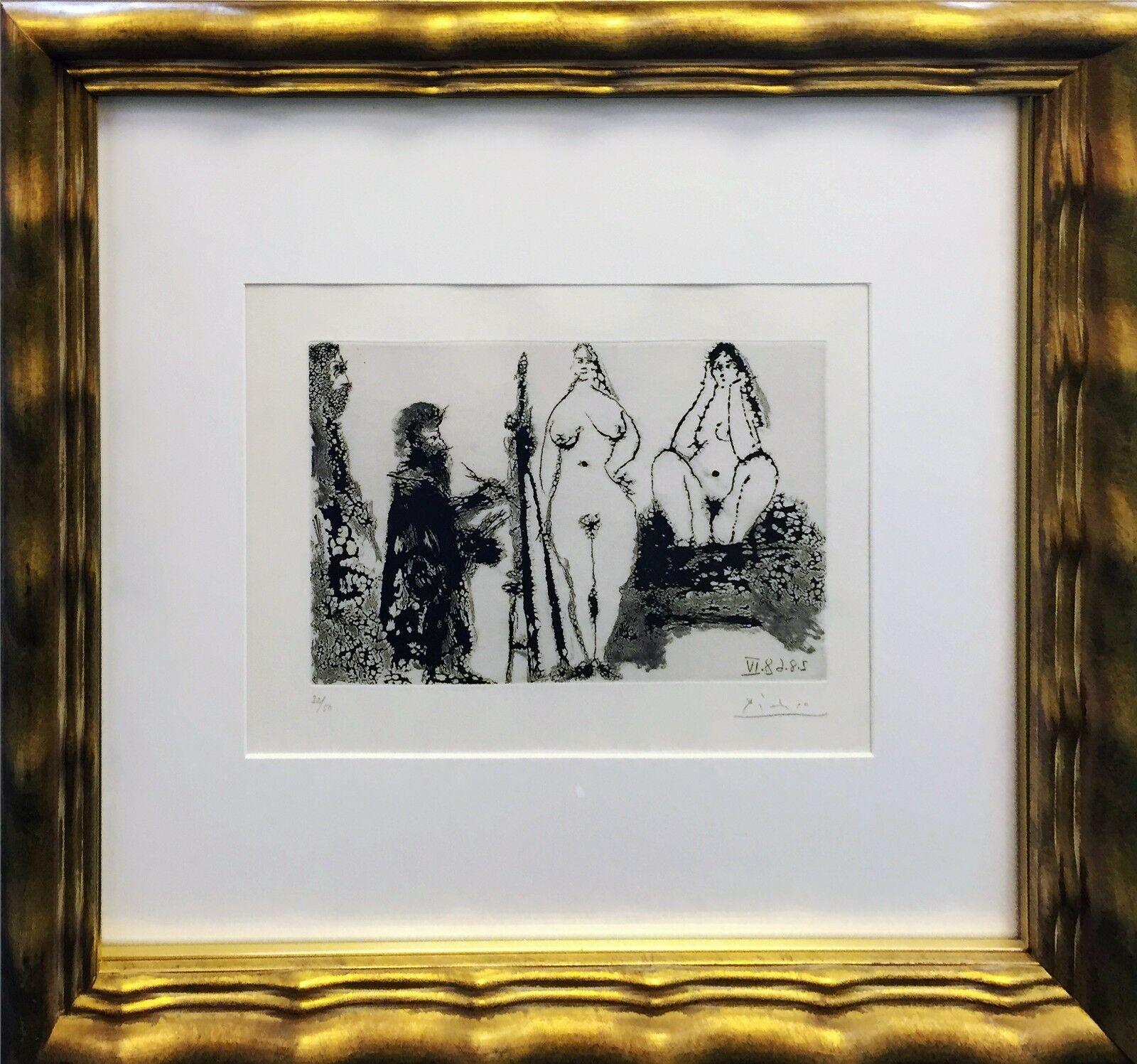 Peintre barbu en robe de chambre, avec deux femmes nues et un visiteur - Print by Pablo Picasso