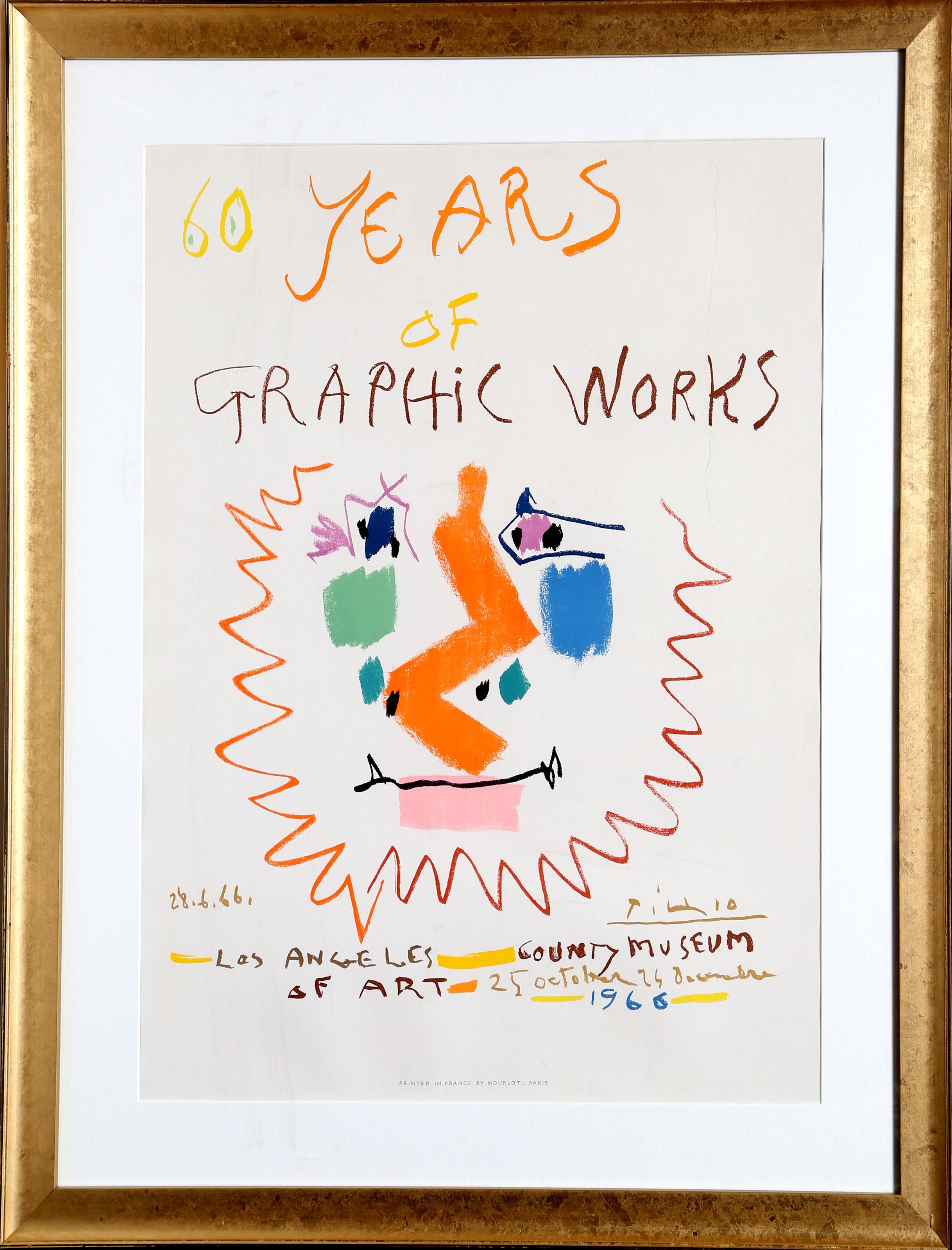 Pablo Picasso, Espagnol (1881 - 1973) - 60 ans d'œuvres graphiques : Musée du comté de Los Angeles. Année : 1966, Médium : Lithographie, Edition : 2500, Dimensions : 26 in. x 20 in. (66.04 cm x 50.8 cm), Dimensions du cadre : 33.5 x 26.5 inches,