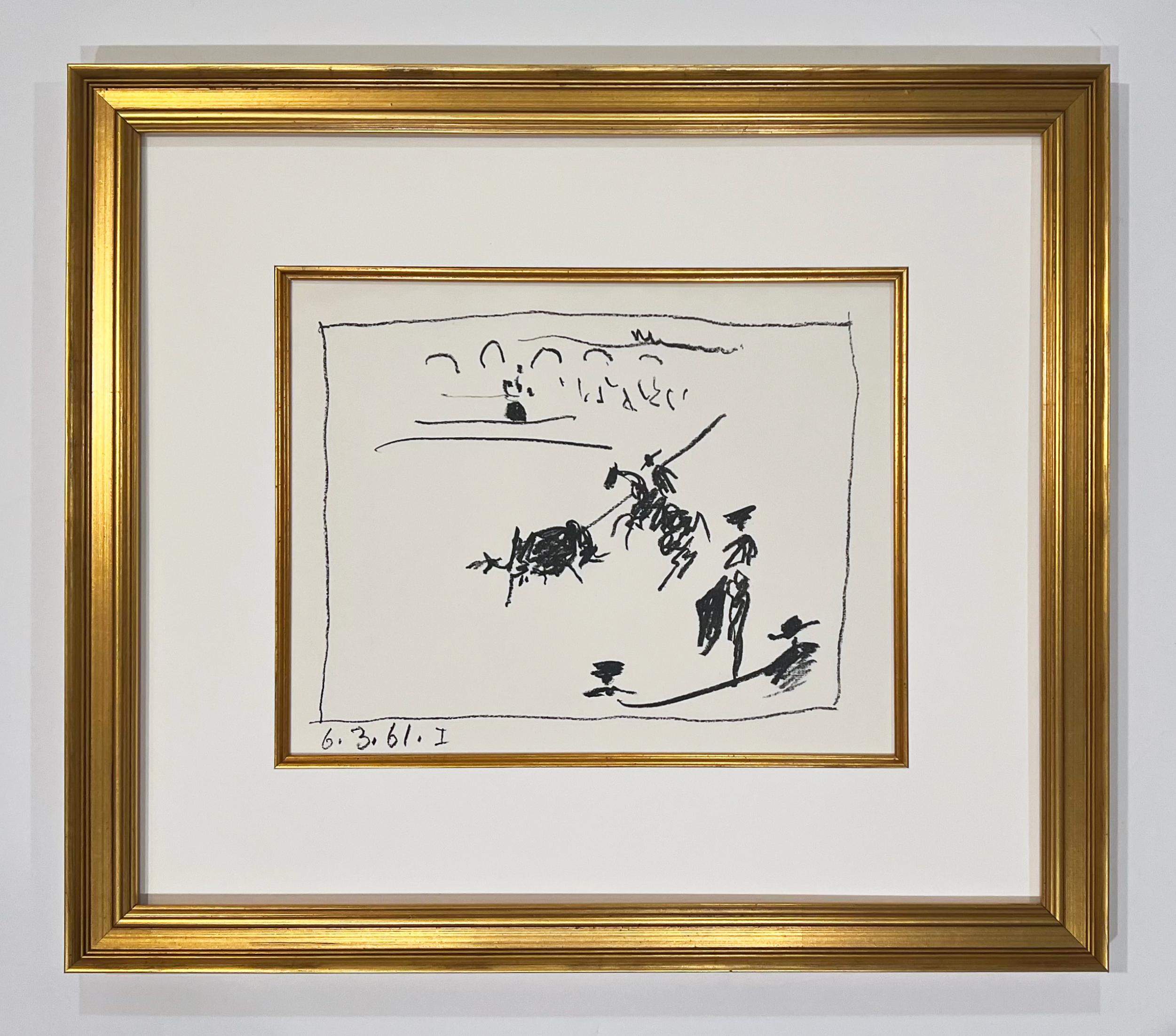Artist: Pablo Picasso
Title: La Pique (I), Le Picador (II), Jeu de la Cape (III), Les Banderilles (IV)
Portfolio: A Los Toros Avec Picasso
Medium: Set of four original transfer lithographs
Year: 1961
Edition: Unnumbered
Framed Size: 16 3/4