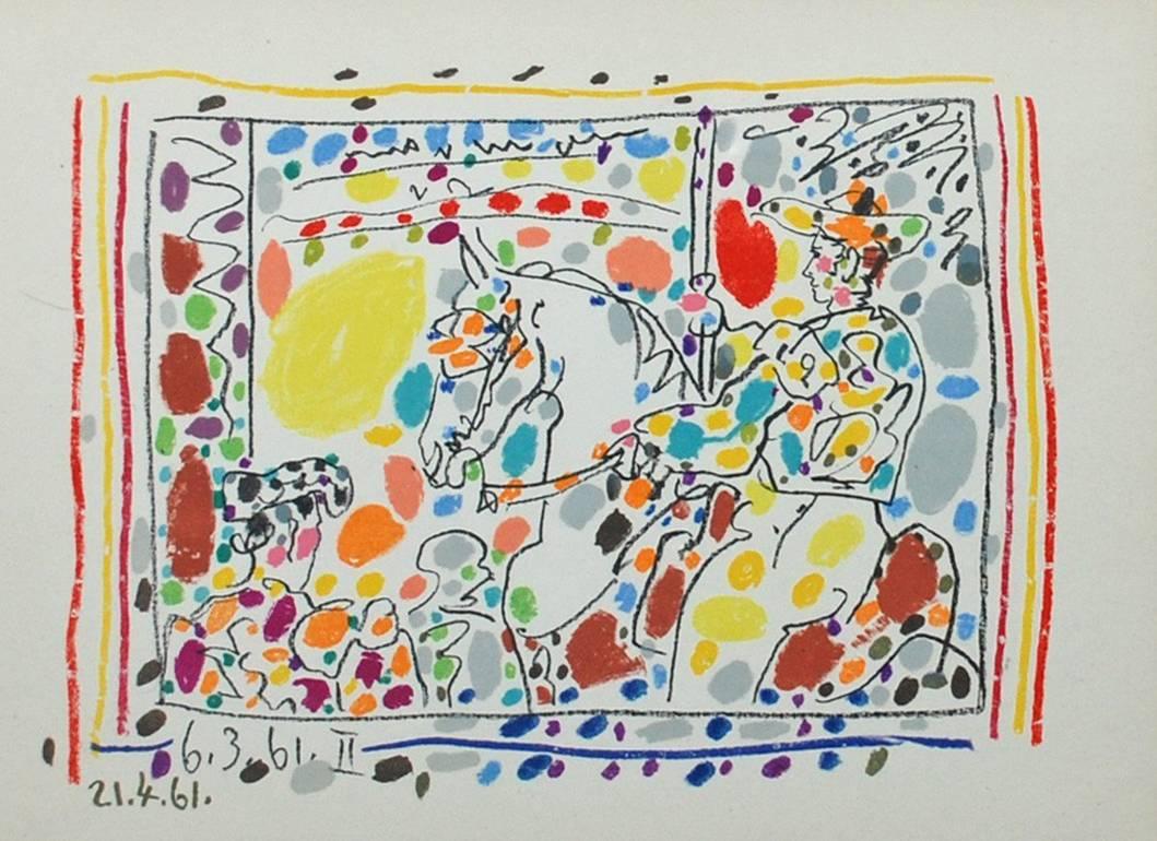 Artist: Pablo Picasso
Medium: Set of four original transfer lithographs
Titles: La Pique (I), Le Picador (II), Jeu de la Cape (III), Les Banderilles (IV)
Portfolio: A Los Toros Avec Picasso
Year: 1961
Framed Size: 18 1/4 x 20 3/4 inches each
Image