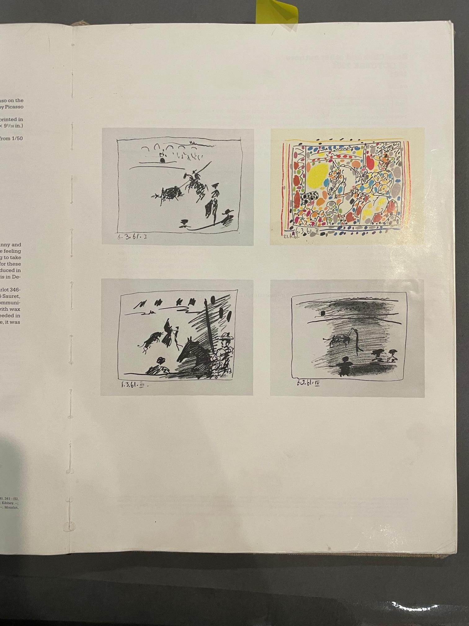 Artist: Pablo Picasso
Medium: Set of four original transfer lithographs
Titles: La Pique (I), Le Picador (II), Jeu de la Cape (III), Les Banderilles (IV)
Portfolio: A Los Toros Avec Picasso
Year: 1961
Framed Size: 18 1/4 x 20 3/4 inches each
Image