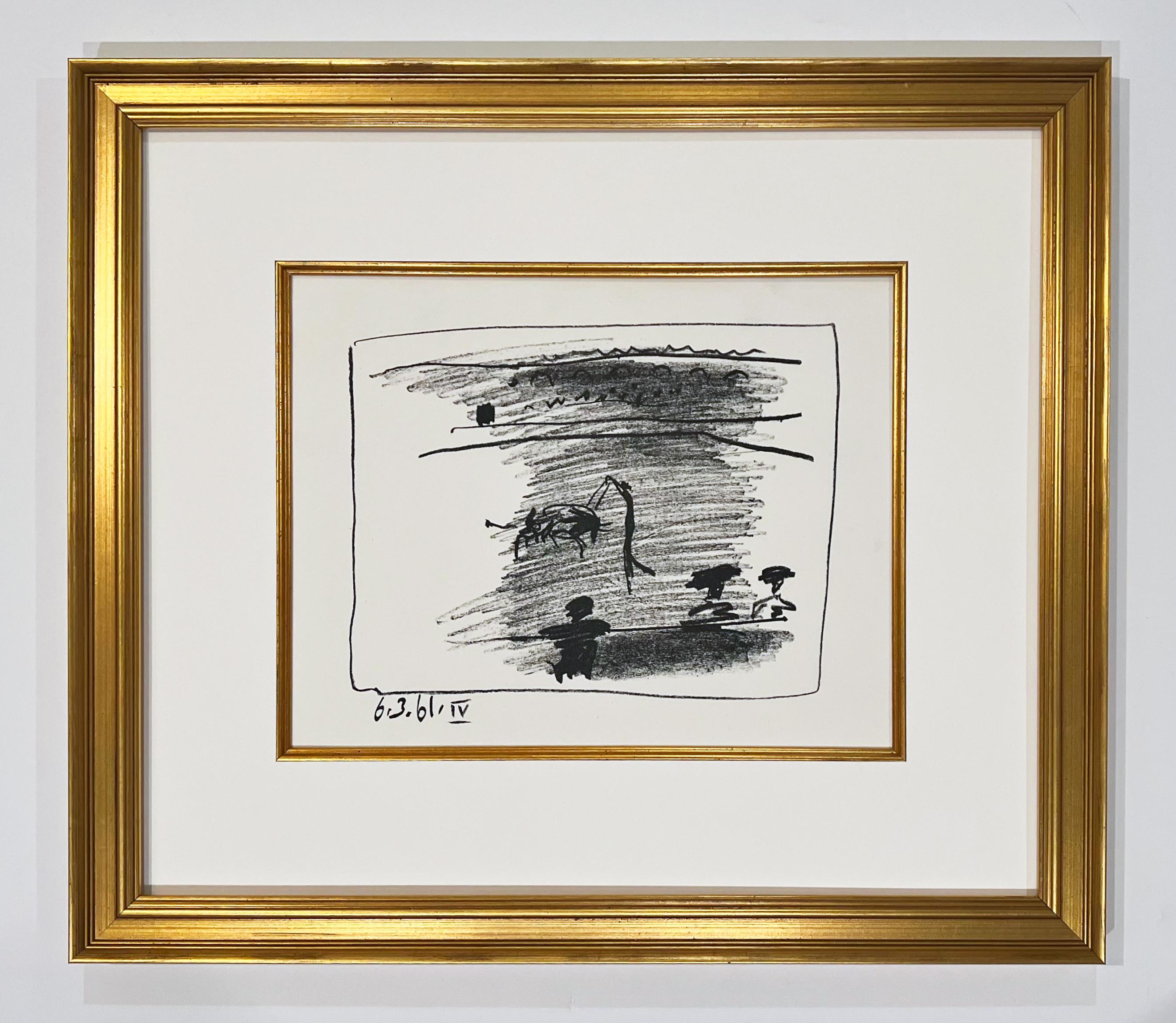 Artist: Pablo Picasso
Medium: Set of four original transfer lithographs
Titles: La Pique (I), Le Picador (II), Jeu de la Cape (III), Les Banderilles (IV)
Portfolio: A Los Toros Avec Picasso
Year: 1961
Framed Size: 16 3/4