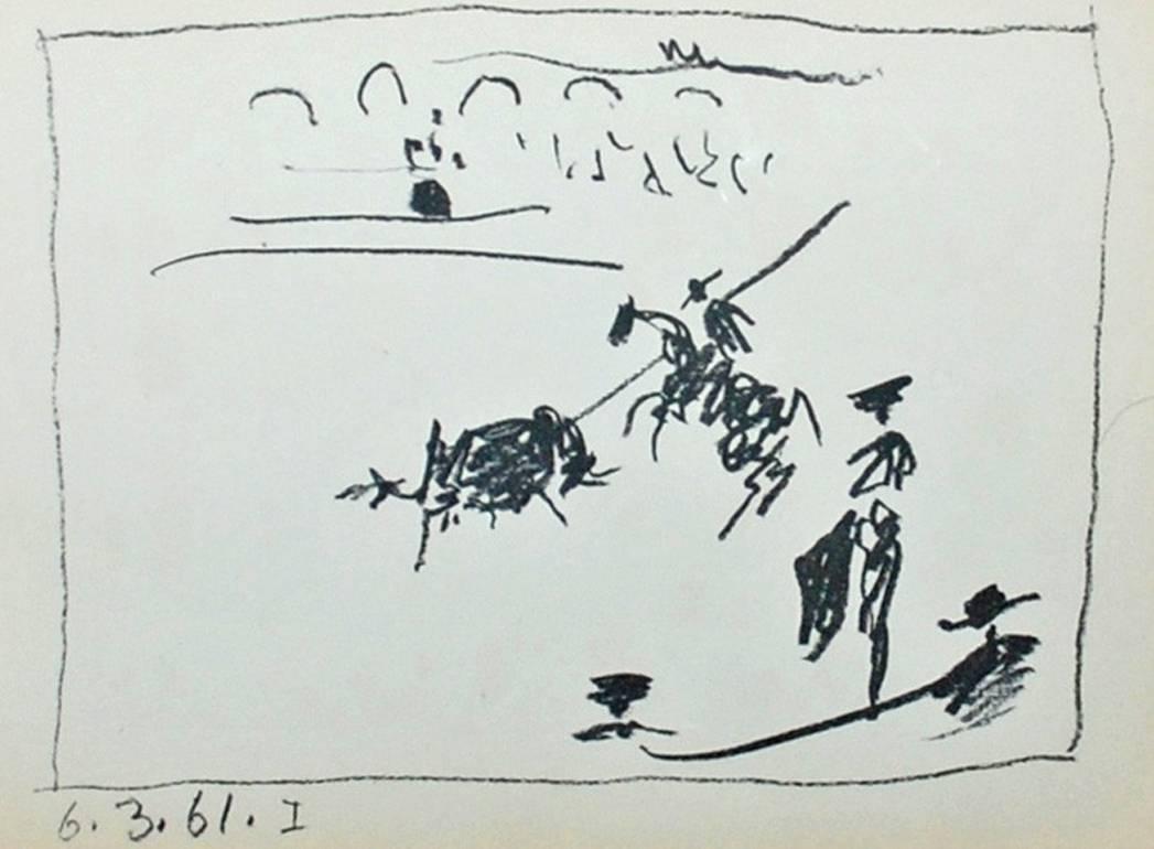 Artiste : Pablo Picasso
Titre : La Pique (I), Le Picador (II), Jeu de la Cape (III), Les Banderilles (IV)
Portfolio : A Los Toros Avec Picasso
Moyen : Ensemble de quatre lithographies par transfert
Année : 1961
Édition : Non numéroté
Taille du cadre
