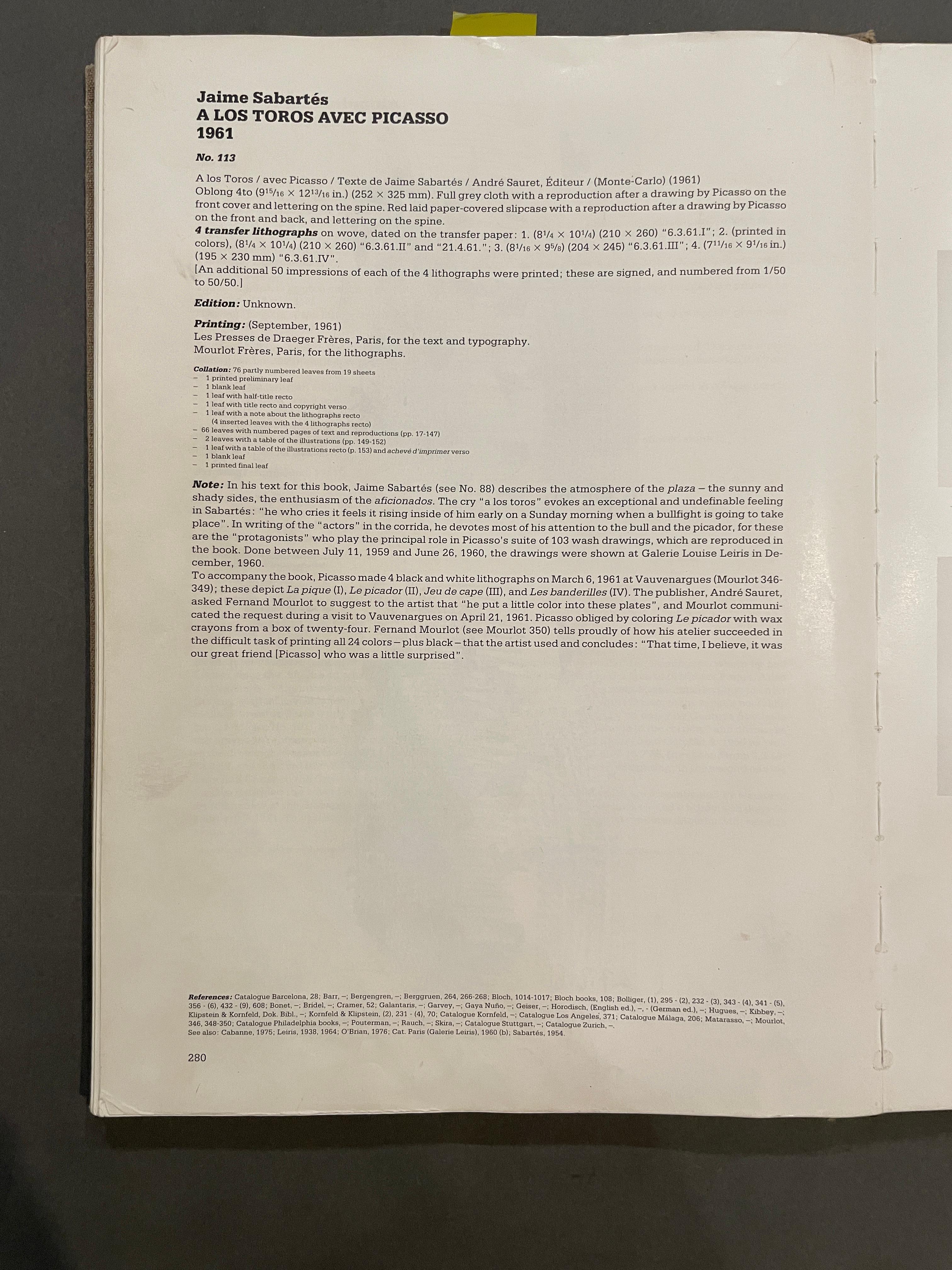Artist: Pablo Picasso
Medium: Set of three original transfer lithographs plus the book
Titles: La Pique (I), Jeu de la Cape (III), Les Banderilles (IV)
Portfolio: A Los Toros Avec Picasso
Year: 1961
Framed Size: 18 1/4 x 20 3/4 inches each
Image