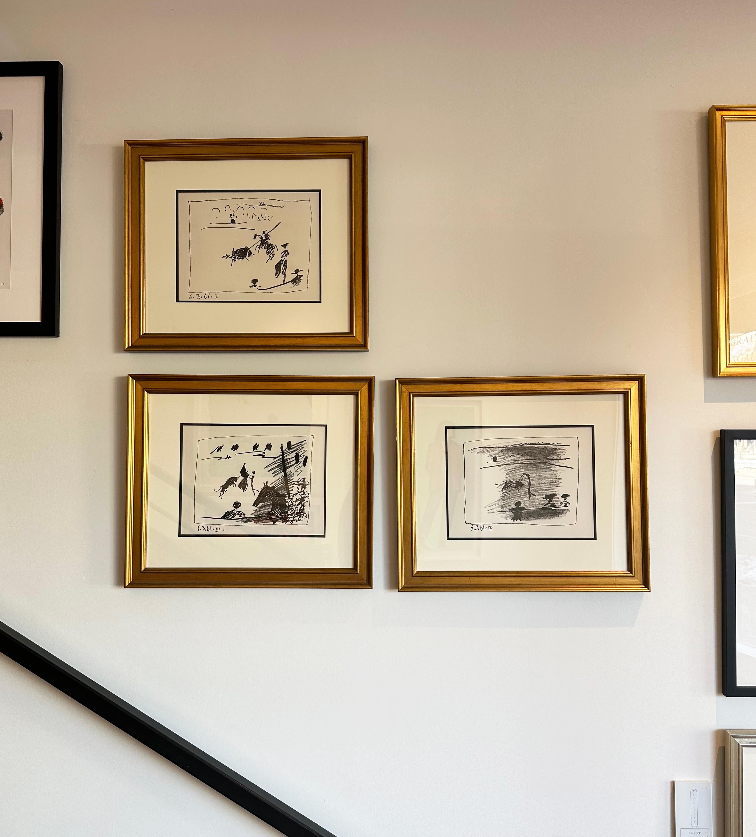 Artist: Pablo Picasso
Title: La Pique (I), Jeu de la Cape (III), Les Banderilles (IV)
Portfolio: A Los Toros Avec Picasso
Medium: Set of three transfer lithographs
Date: 1961
Edition: Unnumbered
Frame Size: 17 1/2