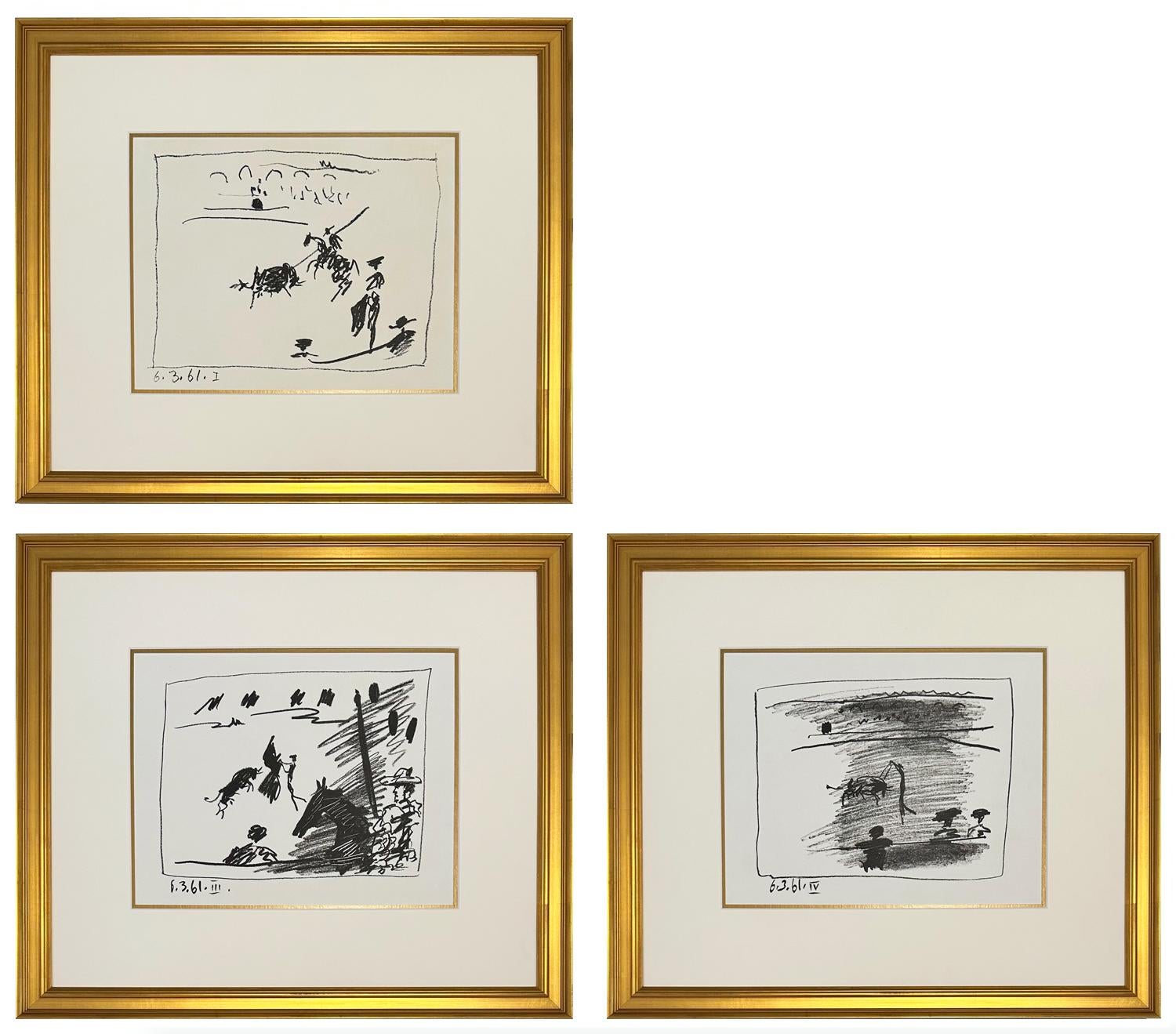 Pablo Picasso Landscape Print - A Los Toros Avec Picasso (Set of Three in Gold Frames)