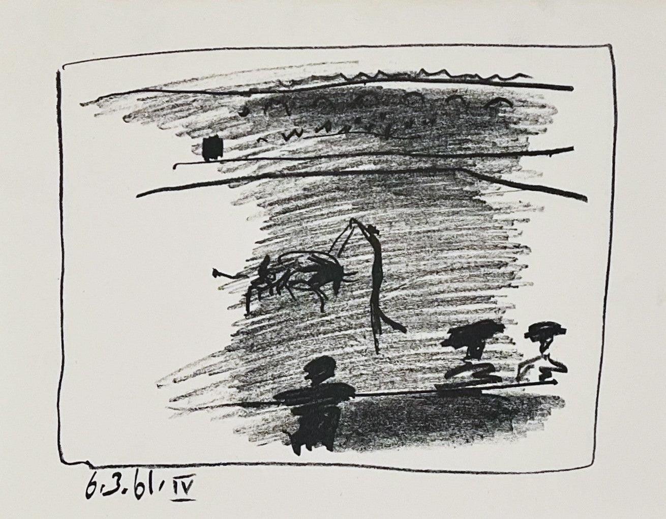 Artist: Pablo Picasso
Title: La Pique (I), Jeu de la Cape (III), Les Banderilles (IV)
Portfolio: A Los Toros Avec Picasso
Medium: Set of three transfer lithographs
Date: 1961
Edition: Unnumbered
Sheet Size: 9 1/2