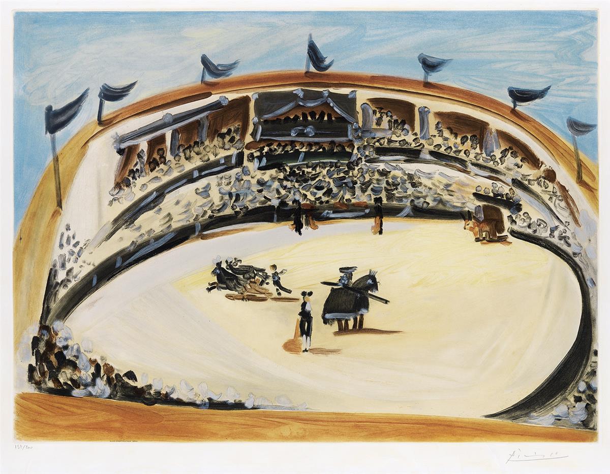 (After) PABLO PICASSO
“La Corrida”
Color Aquatint,1956.
19 1/8 x 25 ¾ inches, full margins.
Signed and numbered 137/200 in pencil,
lower margin.
Published by Atelier la Couriere, Paris
Printed by Crommelynck, Paris,
with  the blind stamp lower