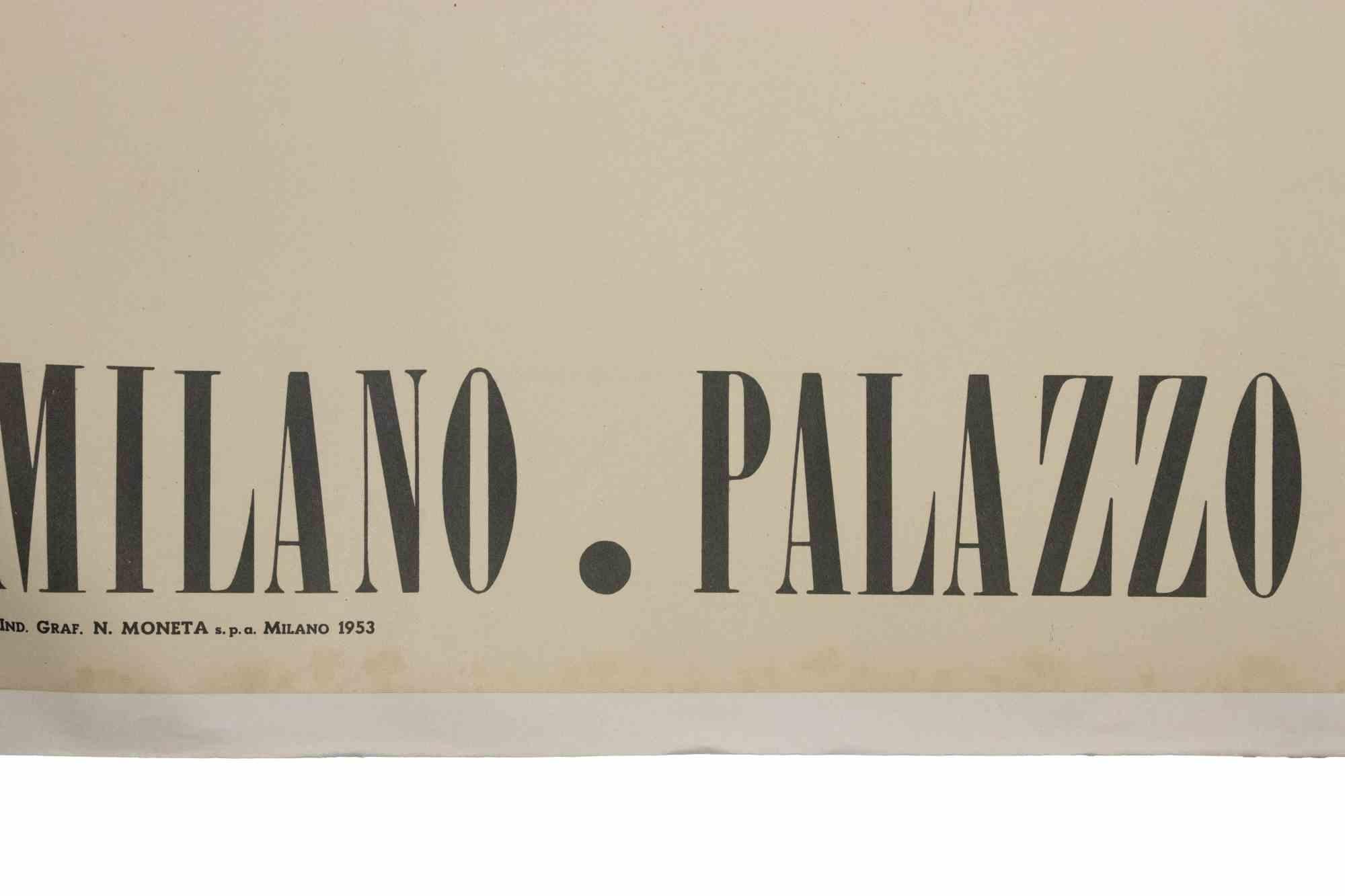 Rare and giant vintage poster of Pablo Picasso Exhibition Milan, Palazzo Reale, 1953. 

Limited edition of 1,000 copies, most of which lost or badly damaged overtime. Mounted on canvas.

Catalogue Raisonne Reference: Christoph Czwiklitzer, 