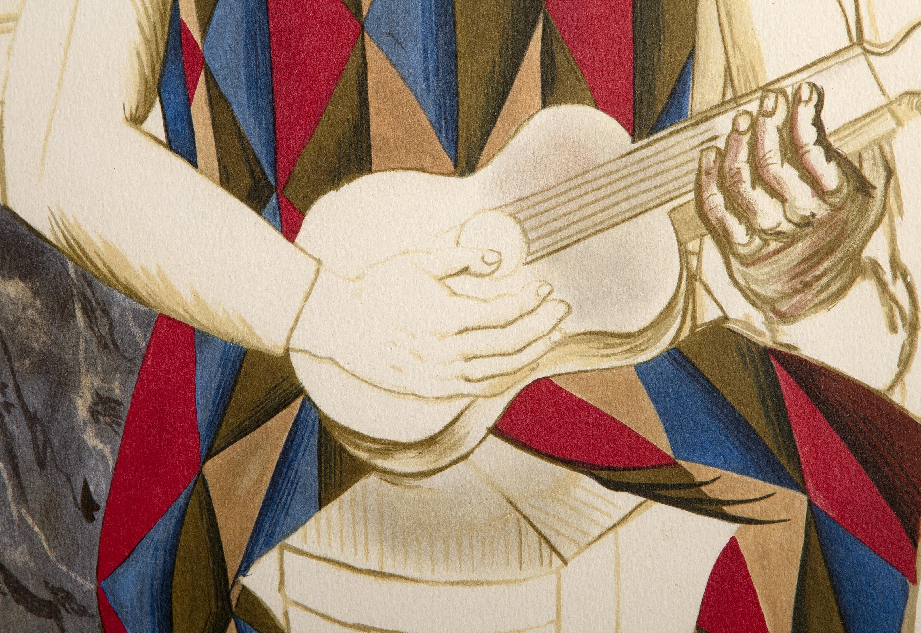 Arlequin à la Guitare, lithographie cubiste d'après Pablo Picasso en vente 2