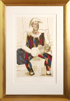 Arlequín a la Guitare, Papel litografía cubista (after) Pablo Picasso