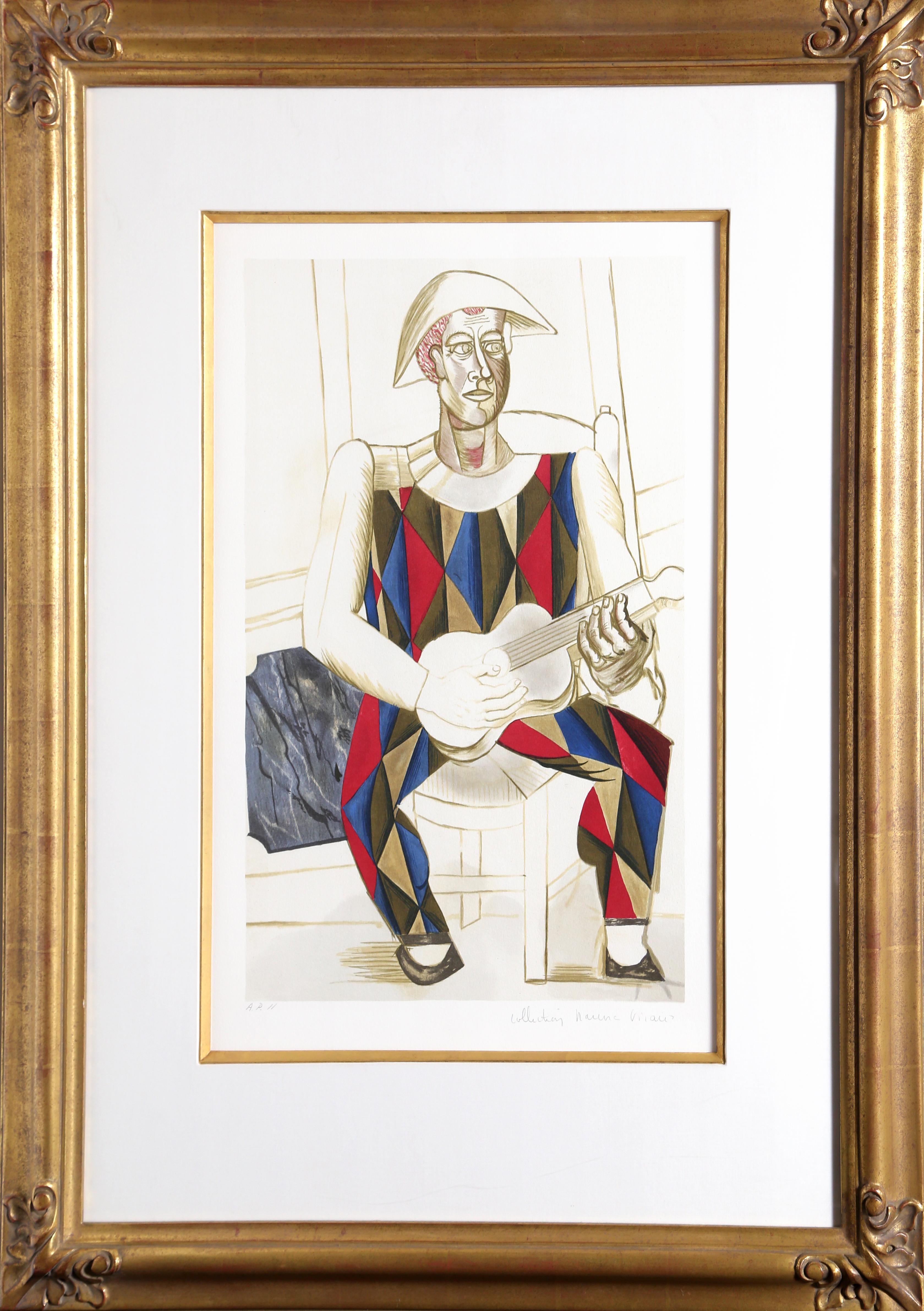 A lithograph from the Marina Picasso Estate Collection after the Pablo Picasso painting "Arlequin a la Guitare".  The original painting was completed in 1916. In the 1970's after Picasso's death, Marina Picasso, his granddaughter, authorized the