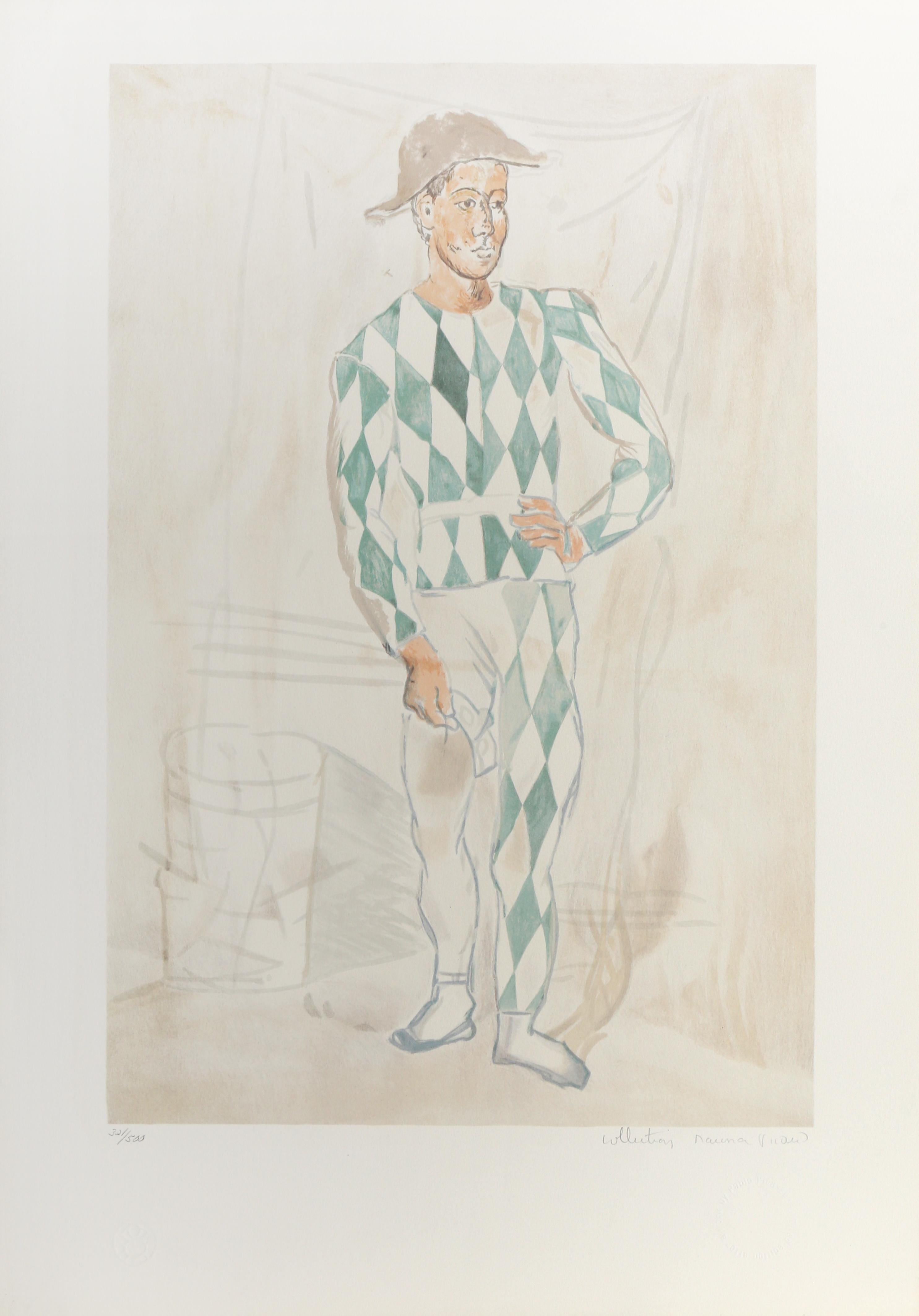 Standing with one hand on his hip and his other hand lifting his tights from his leg, the harlequin in this Pablo Picasso print is rendered with detail and depth. Relying on line and shading, the artist employs perspective in a more traditional