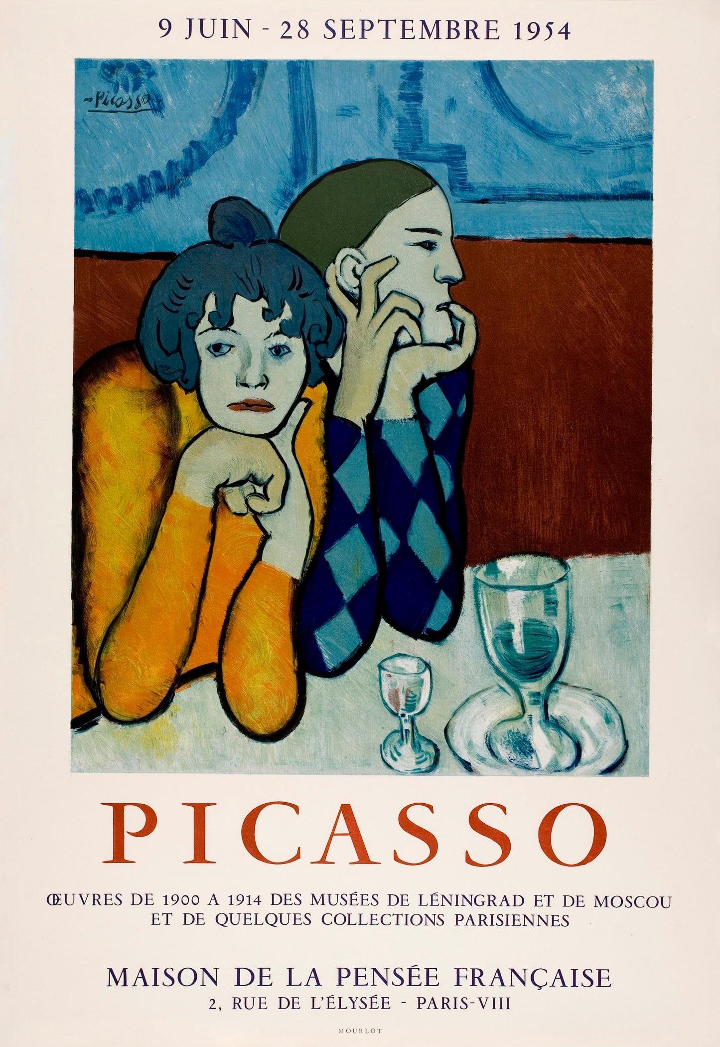 Artiste : D'après Pablo Picasso

Médium : Affiche lithographique, 1954

Dimensions : 27.5 x 18.7 in / 70.5 x 48 cm

Papier pour posters classiques - Excellent état A+

Silhouette classique de deux femmes perchées sur la nappe blanche d'un