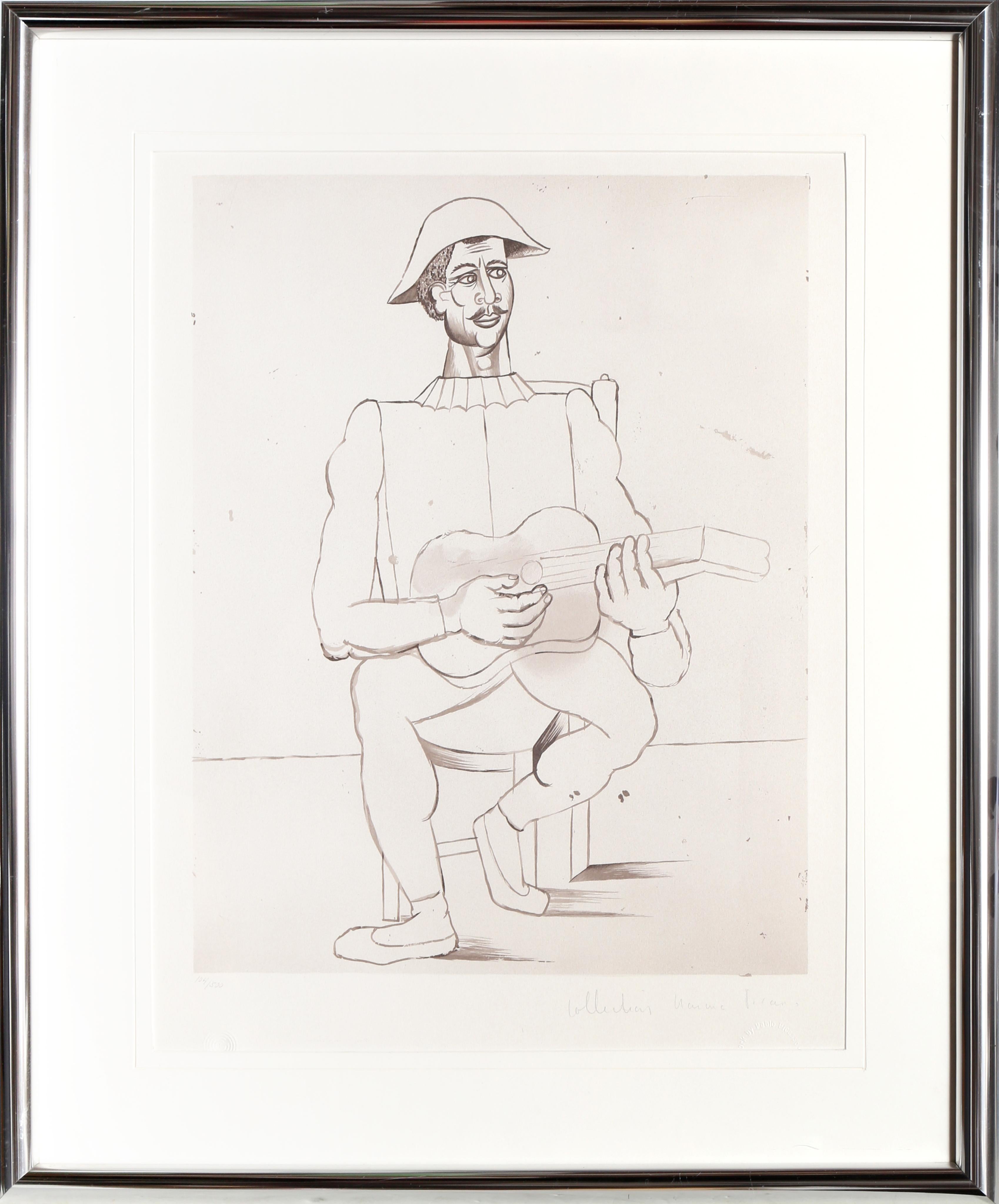 Pablo Picasso's rendering of a harlequin playing the guitar may be a common theme throughout his prints, but this work is unique for his careful linework and delicate shading along the face and neck, guitar, and chair in the scene. 

Arlequin