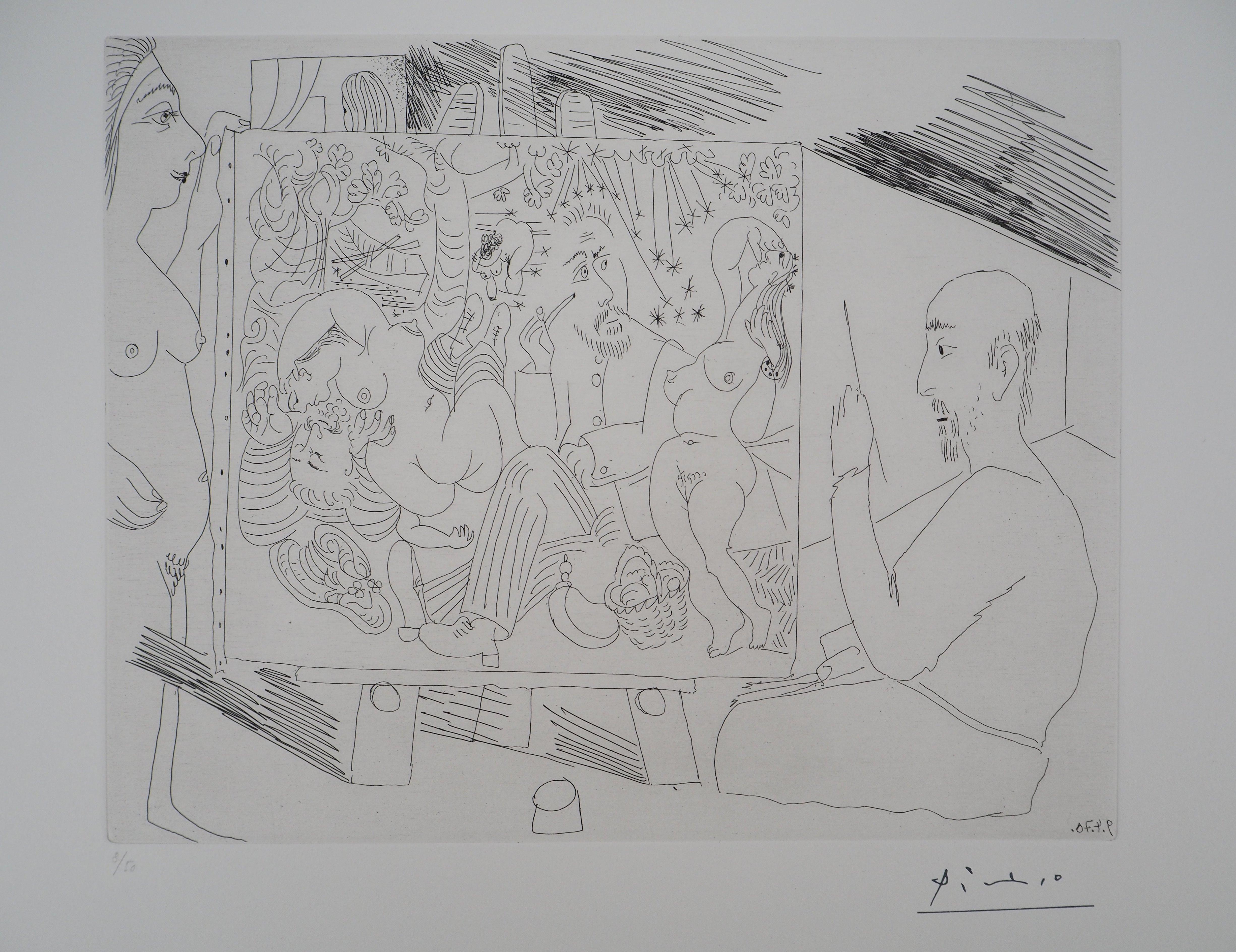 Artist painting and Model in the Studio - Original etching, Signed (Bloch #1884) - Modern Print by Pablo Picasso