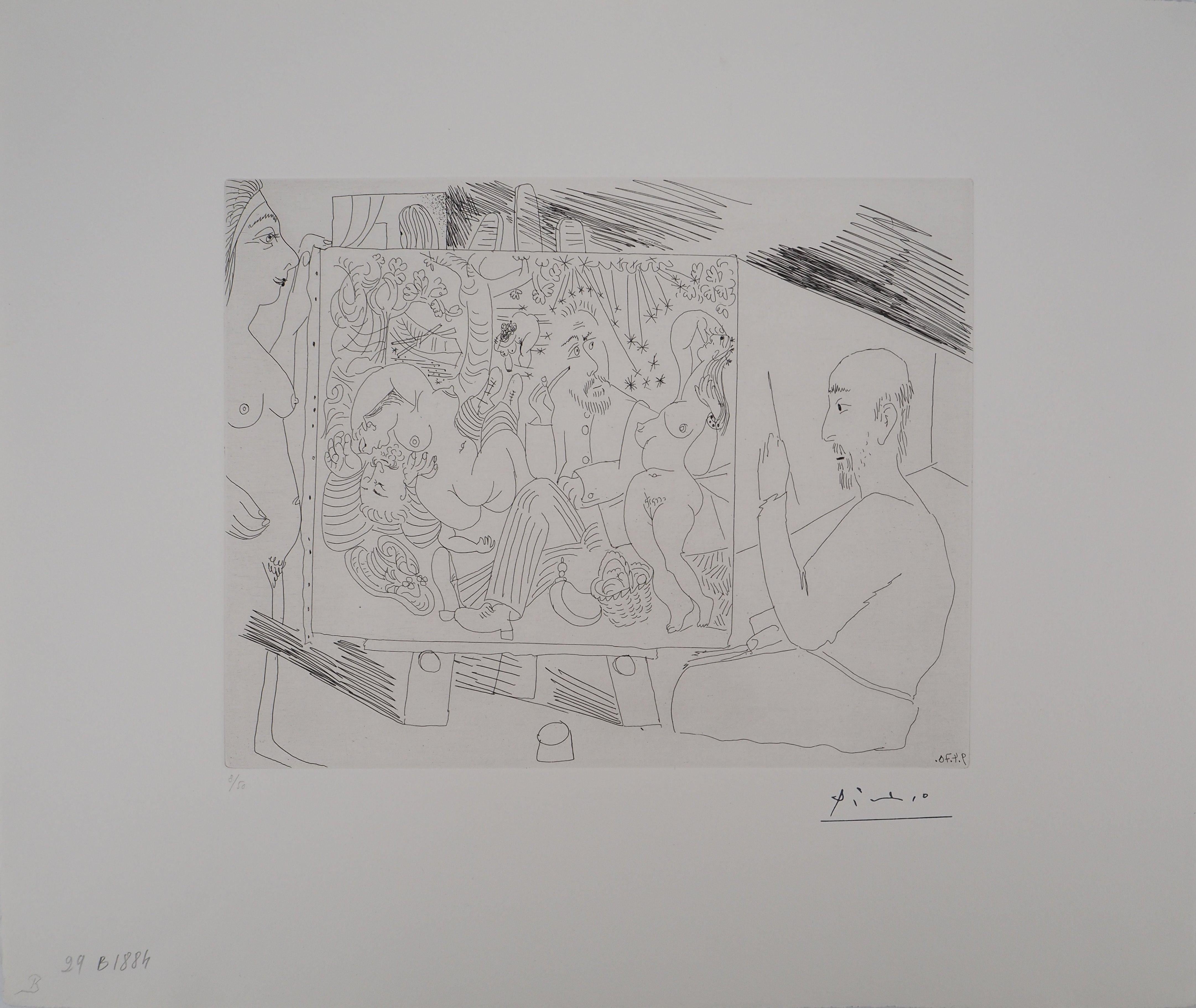 Pablo Picasso Figurative Print - Artist painting and Model in the Studio - Original etching, Signed (Bloch #1884)