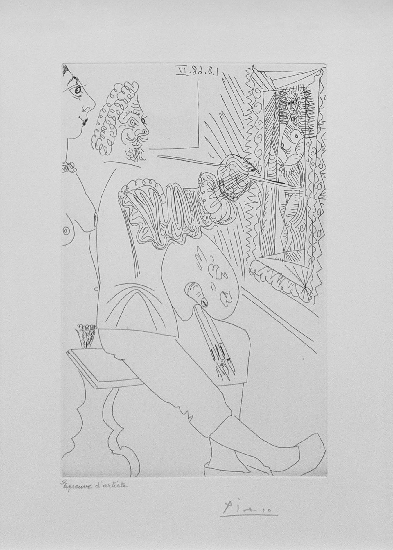 Pablo Picasso Nude Print - ARTISTE PEINTRE AU TRAVAIL, AVEC UN MODELE LAID, FROM SERIES 347 (BLOCH 1711)