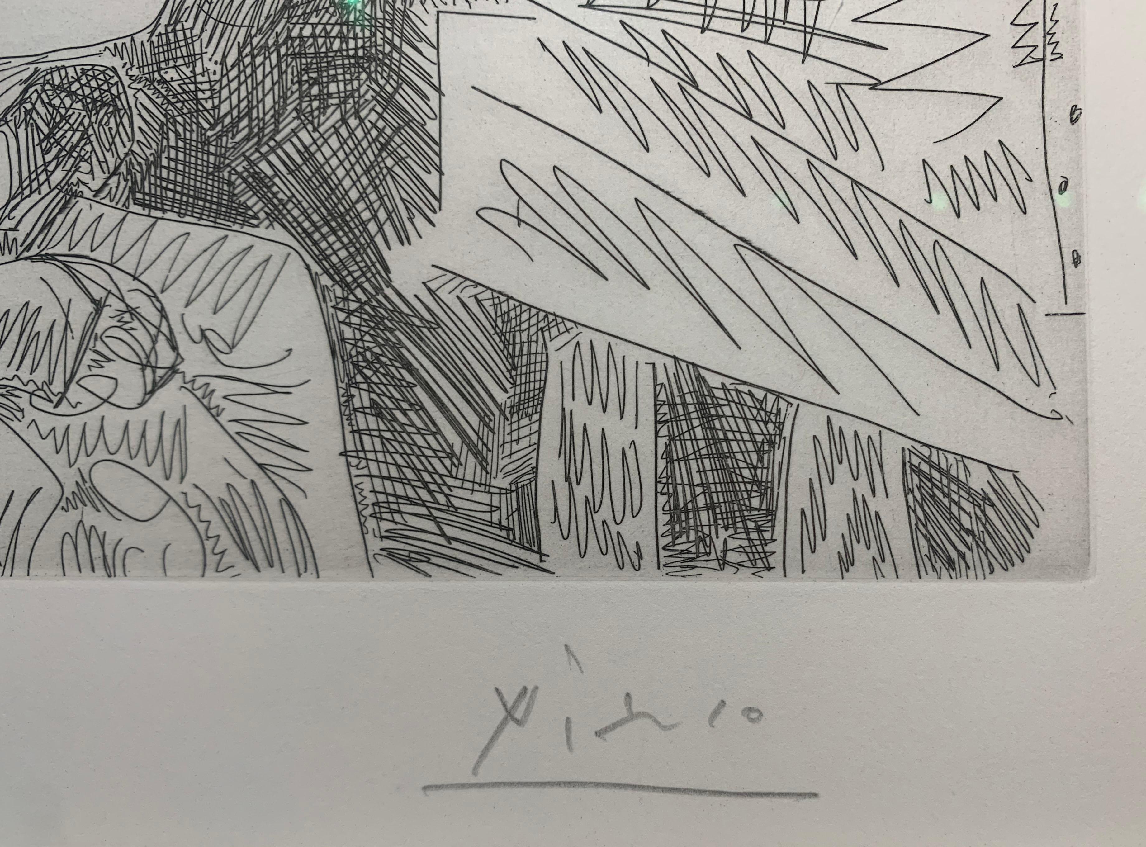 Gravure originale, technique de l'eau-forte et pointe sèche, 1968, tirée à 50 exemplaires numérotée et signée au crayon par l'artiste.
Encadrée avec un cadre en bois et un verre musée.
Numéro 35/50.
Ref: Bloch N° 1826.
