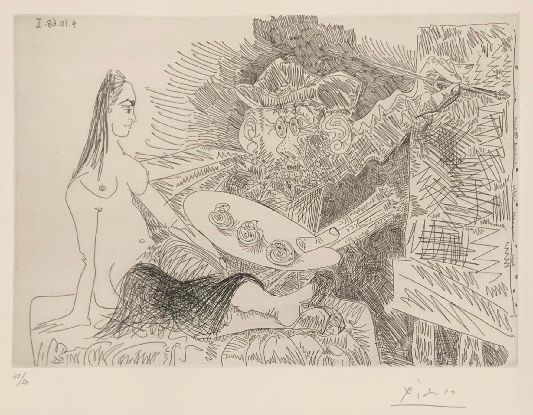 Nude Print Pablo Picasso - Artistics peintre avec un modèle qui boude