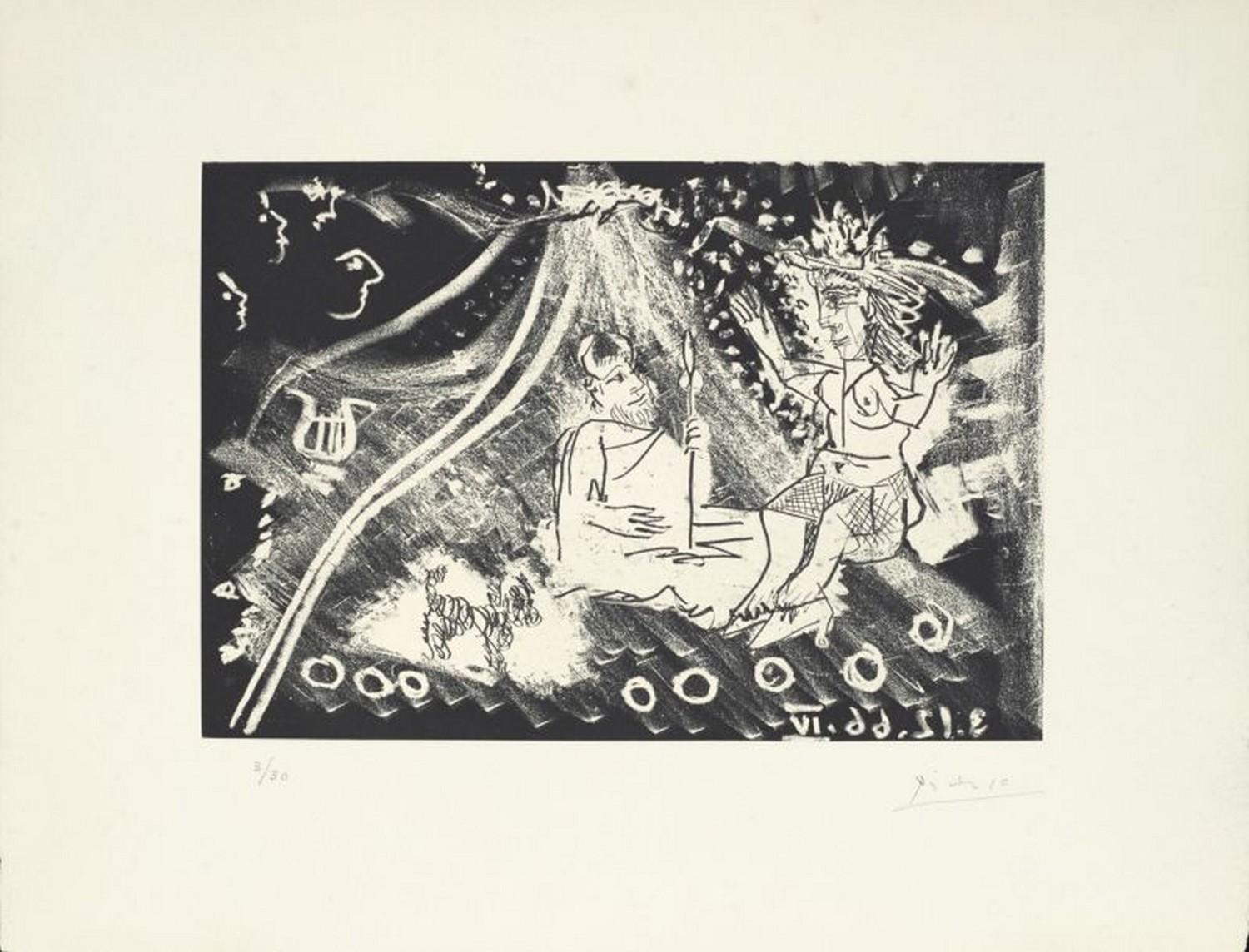 Pablo Picasso Abstract Print - Au théâtre : le cocu avec sa femme et un petit chien 
