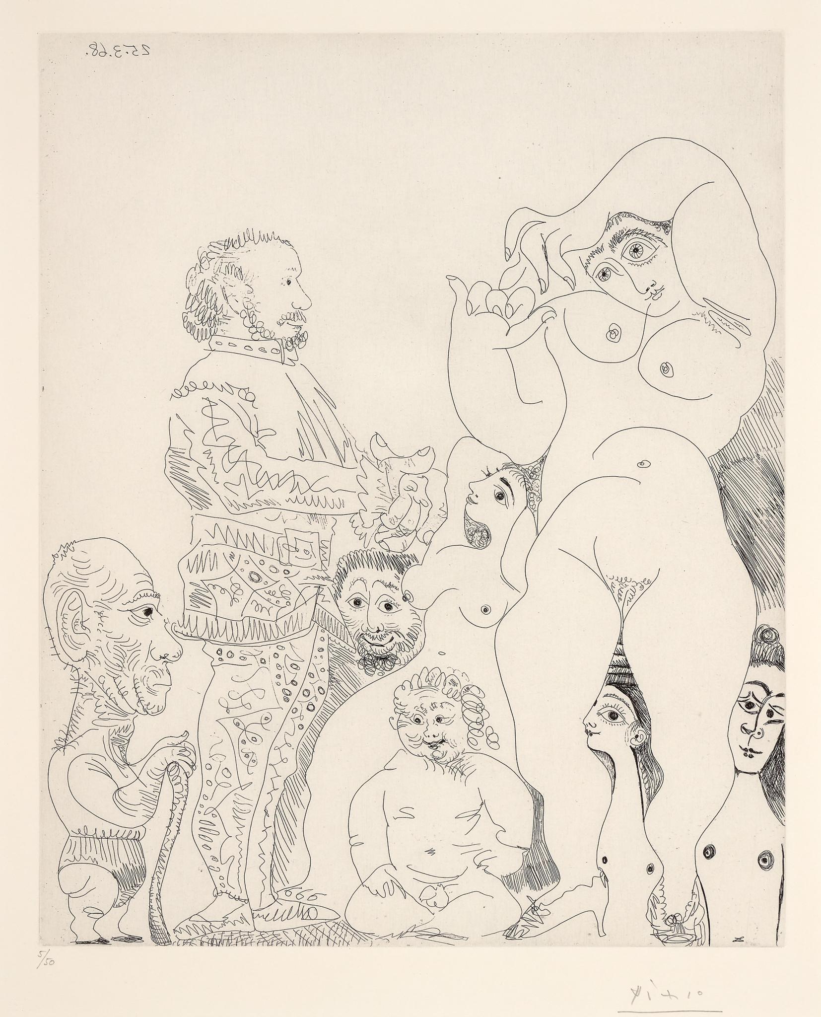 Pablo Picasso Figurative Print - Autoportrait à la canne, avec comédien, amour replet et femmes