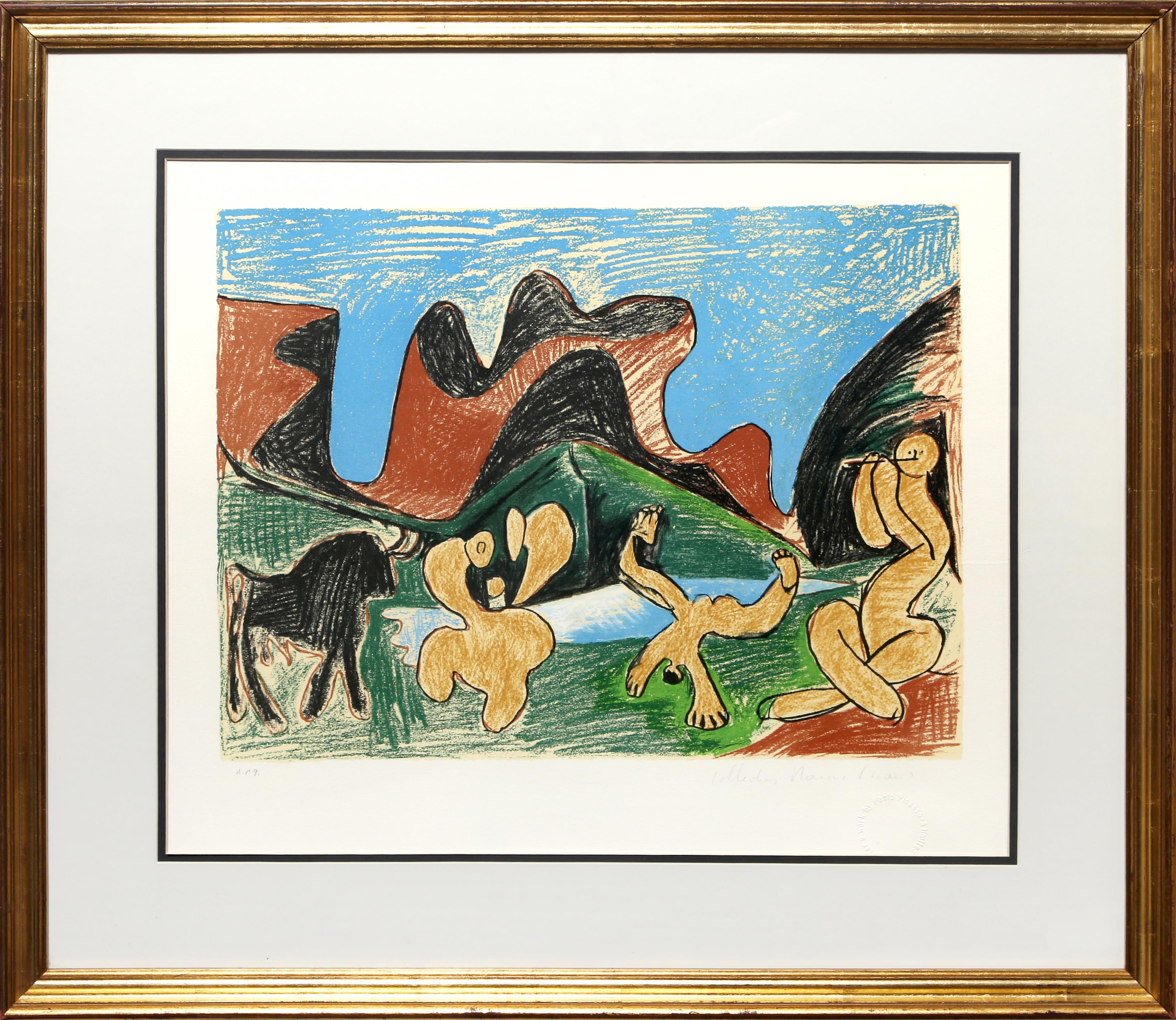 A lithograph from the Marina Picasso Estate Collection after the Pablo Picasso painting "Bacchanale".  The original painting was completed circa 1922. In the 1970's after Picasso's death, Marina Picasso, his granddaughter, authorized the creation of