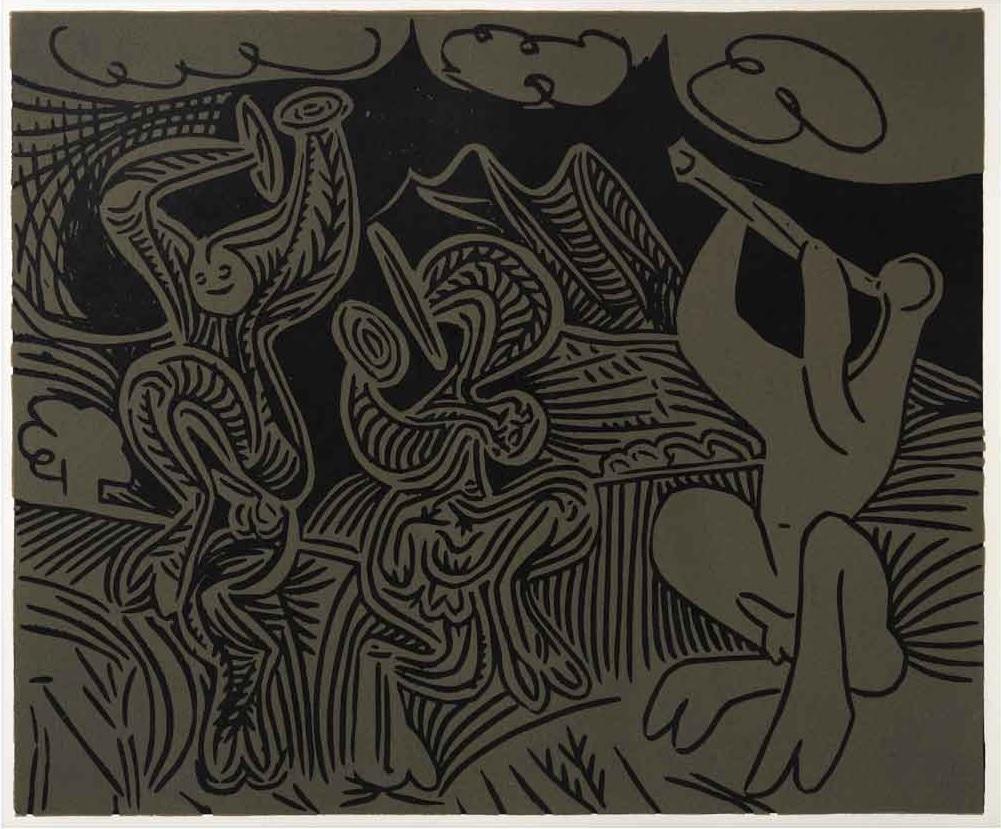 Pablo Picasso Figurative Print - Bacchanale: flûtiste et danseurs aux cymbales - Grabados al Linóleo, 1963