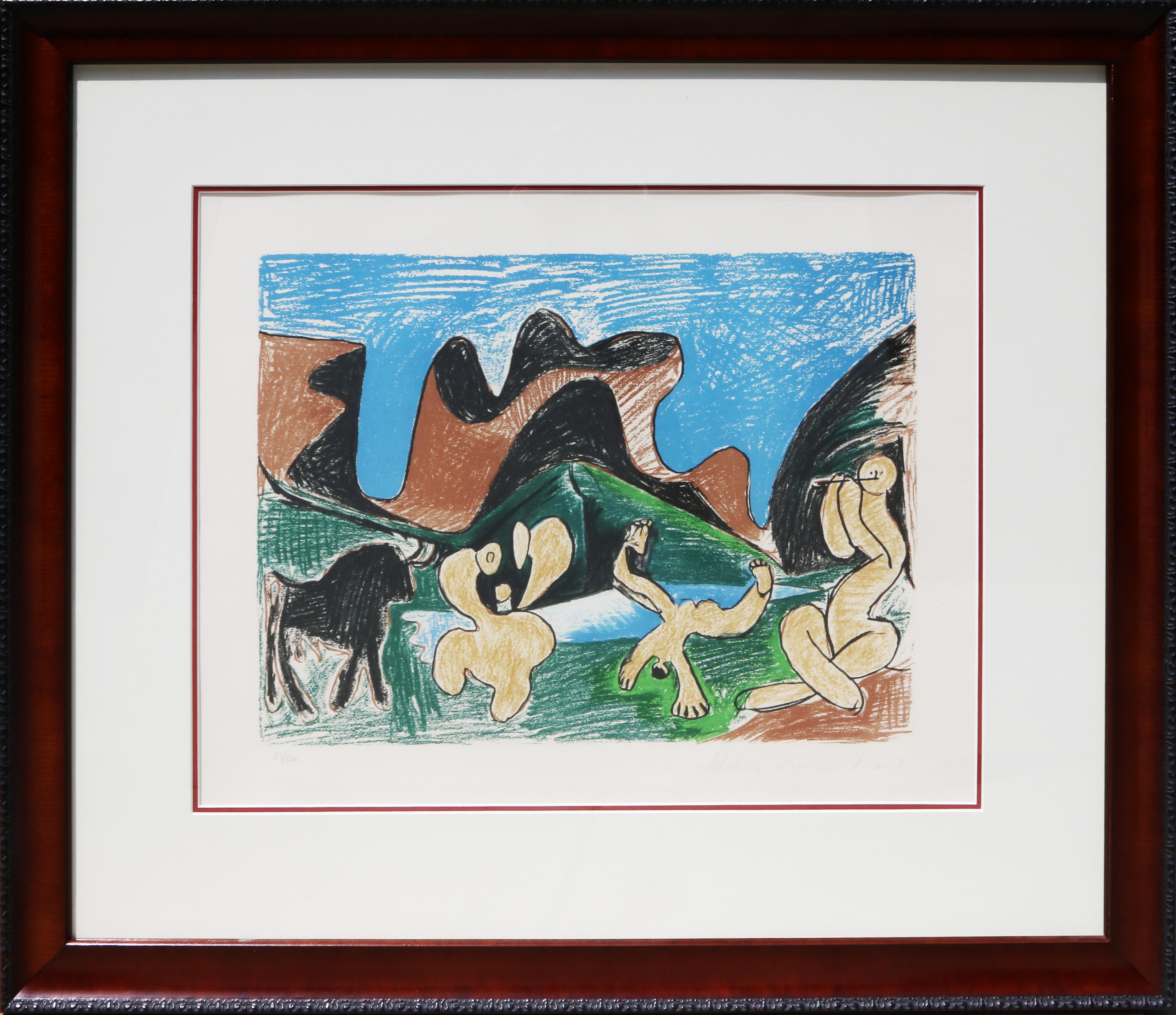 Eine Lithographie aus der Marina Picasso Estate Collection nach dem Gemälde "Bacchanale" von Pablo Picasso.  Das Originalgemälde wurde um 1922 fertiggestellt. In den 1970er Jahren, nach Picassos Tod, autorisierte Marina Picasso, seine Enkelin, die
