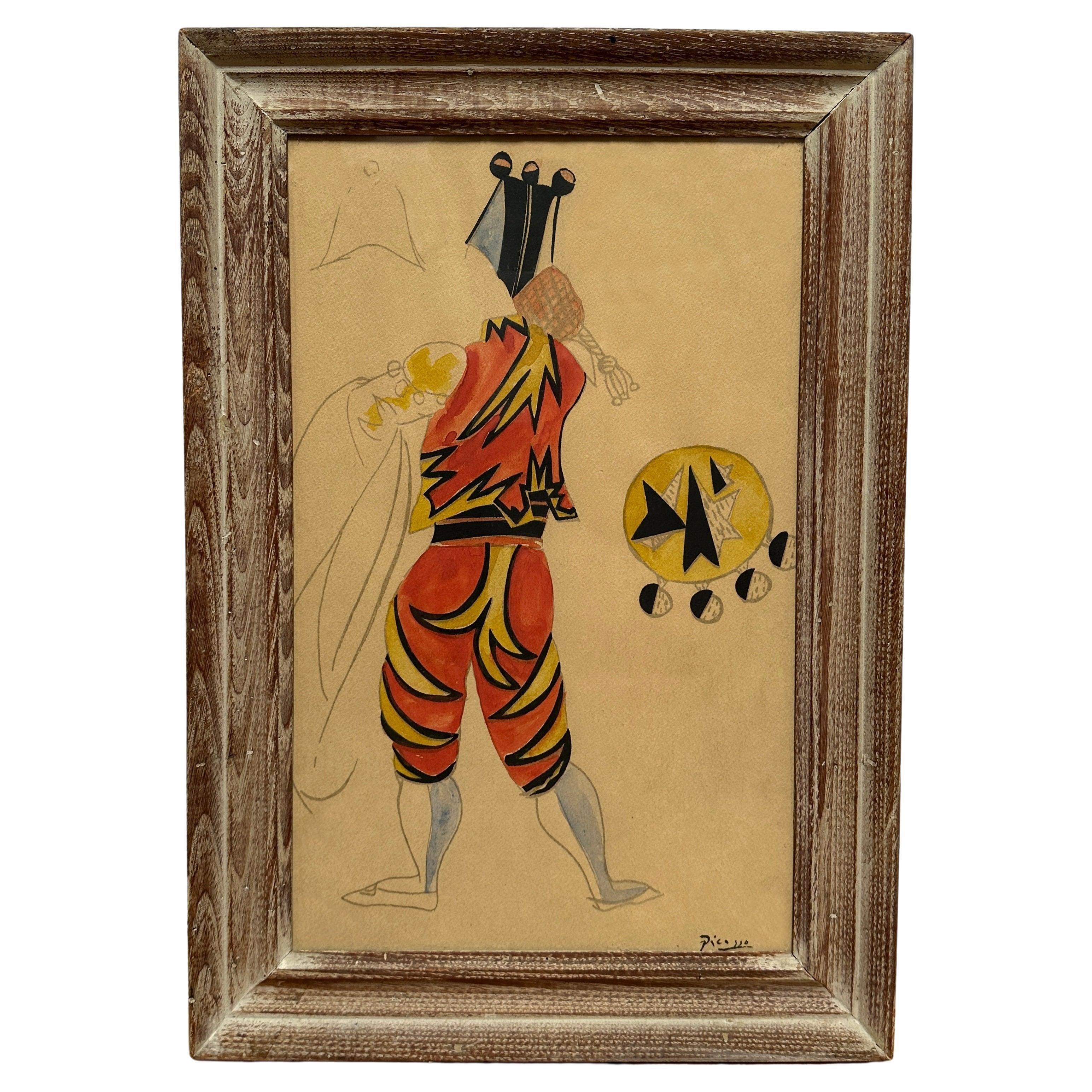 Explore Picasso's artistic journey through watercolored lithographs featuring sketches numbered #3 and #7 from his iconic "Ballet Three Cornered Hat" series.  Created during his collaboration with the Ballets Russes in 1919, these gouache studies