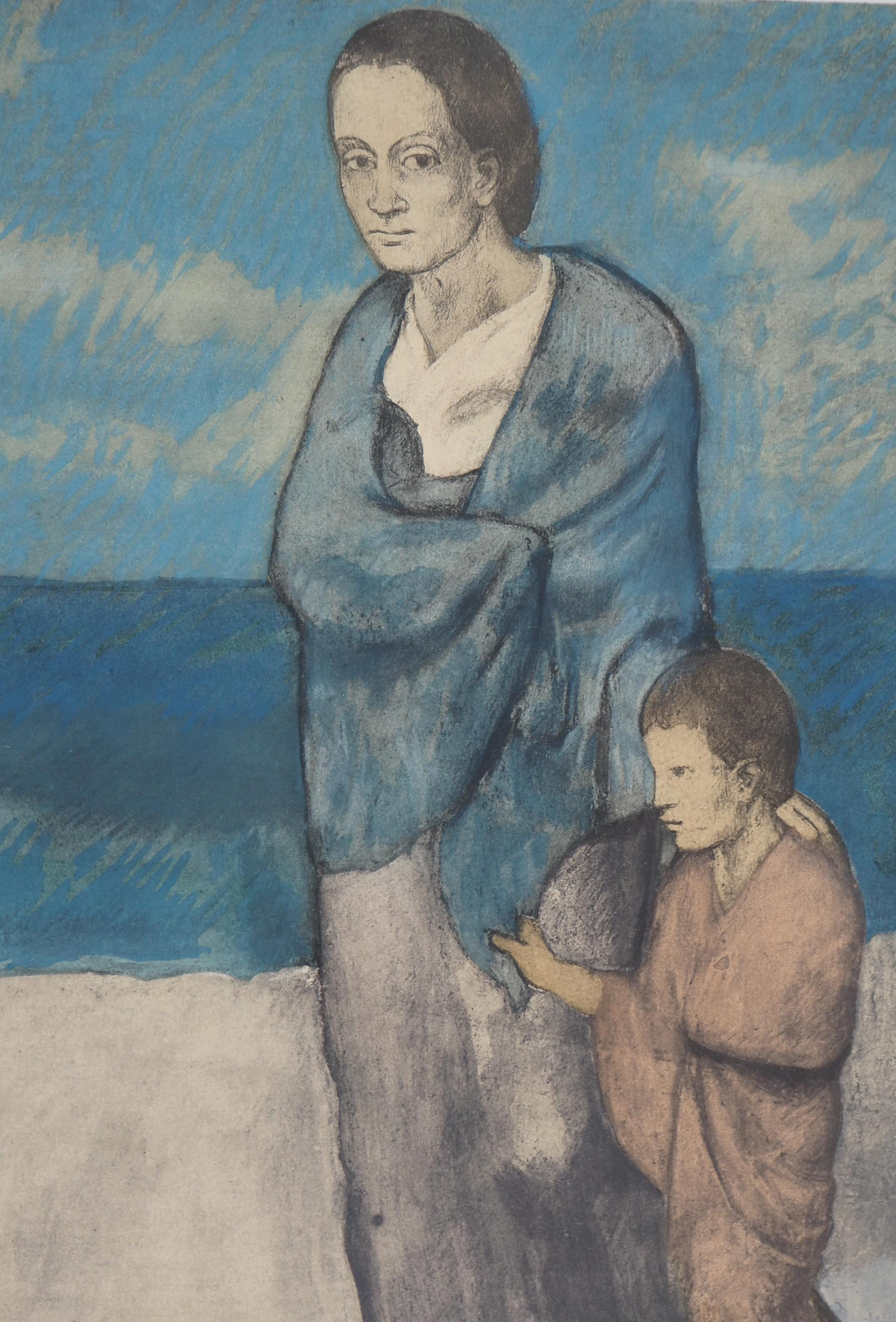 Período Azul : Madre e hijo - Litografía - Firma impresa - Figurative Print Gris de Pablo Picasso