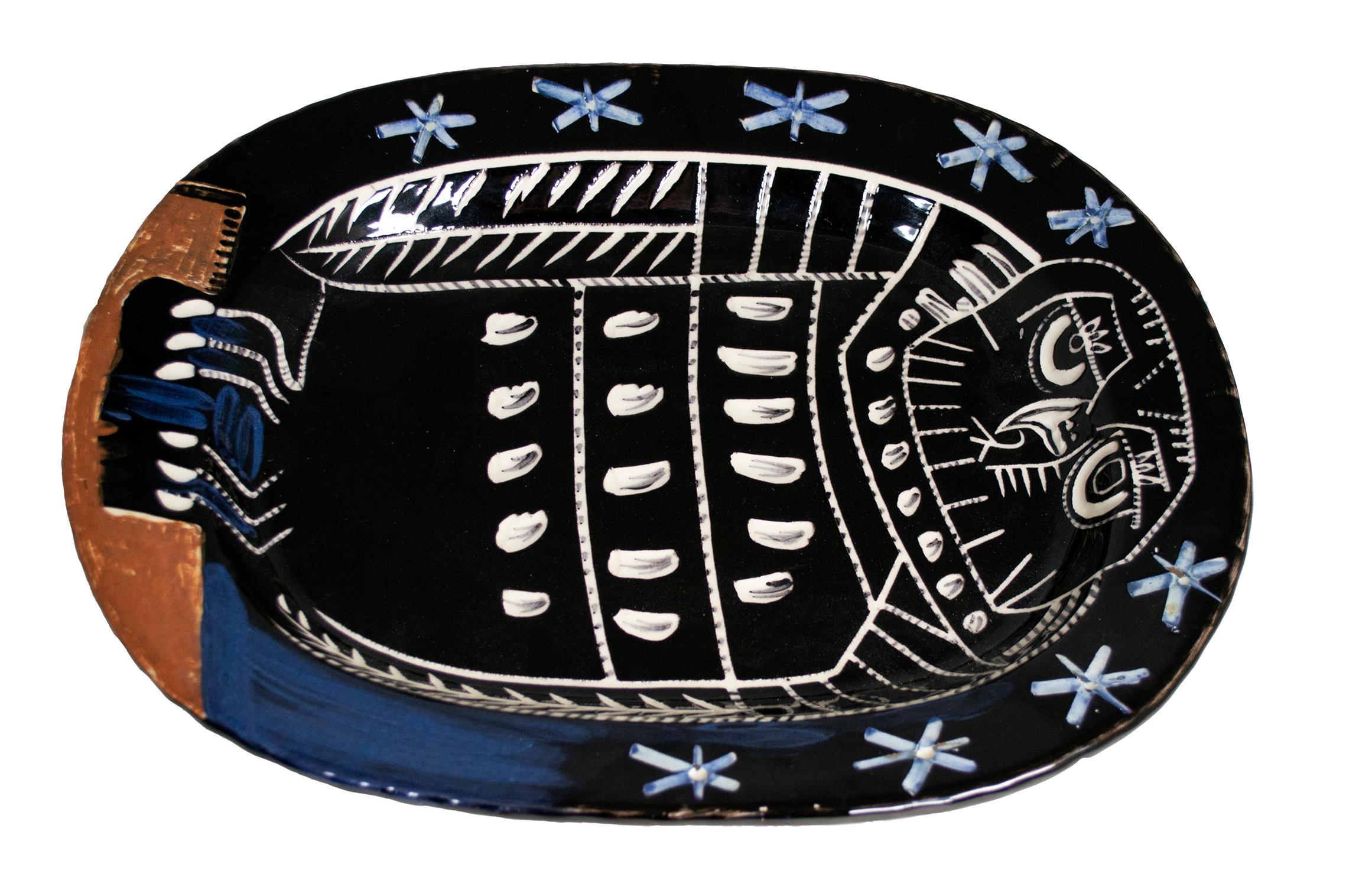 'Bright Owl' original Madoura ceramic rectangular platter, Edition Picasso - Cubist Sculpture by Pablo Picasso