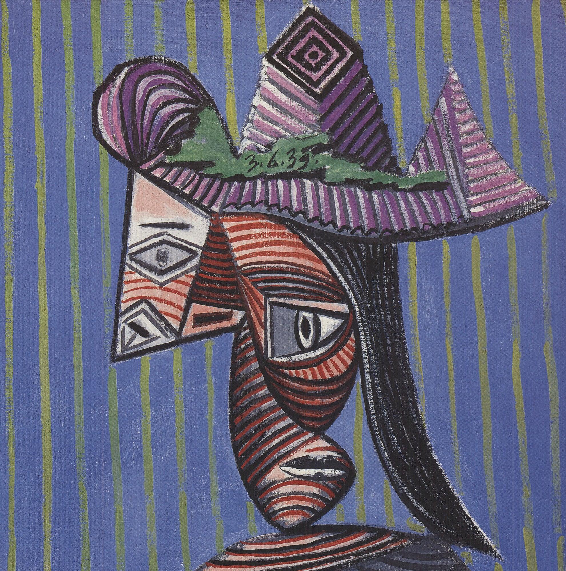 Bust einer Frau mit gestreiftem Hut (Kubismus), Print, von Pablo Picasso
