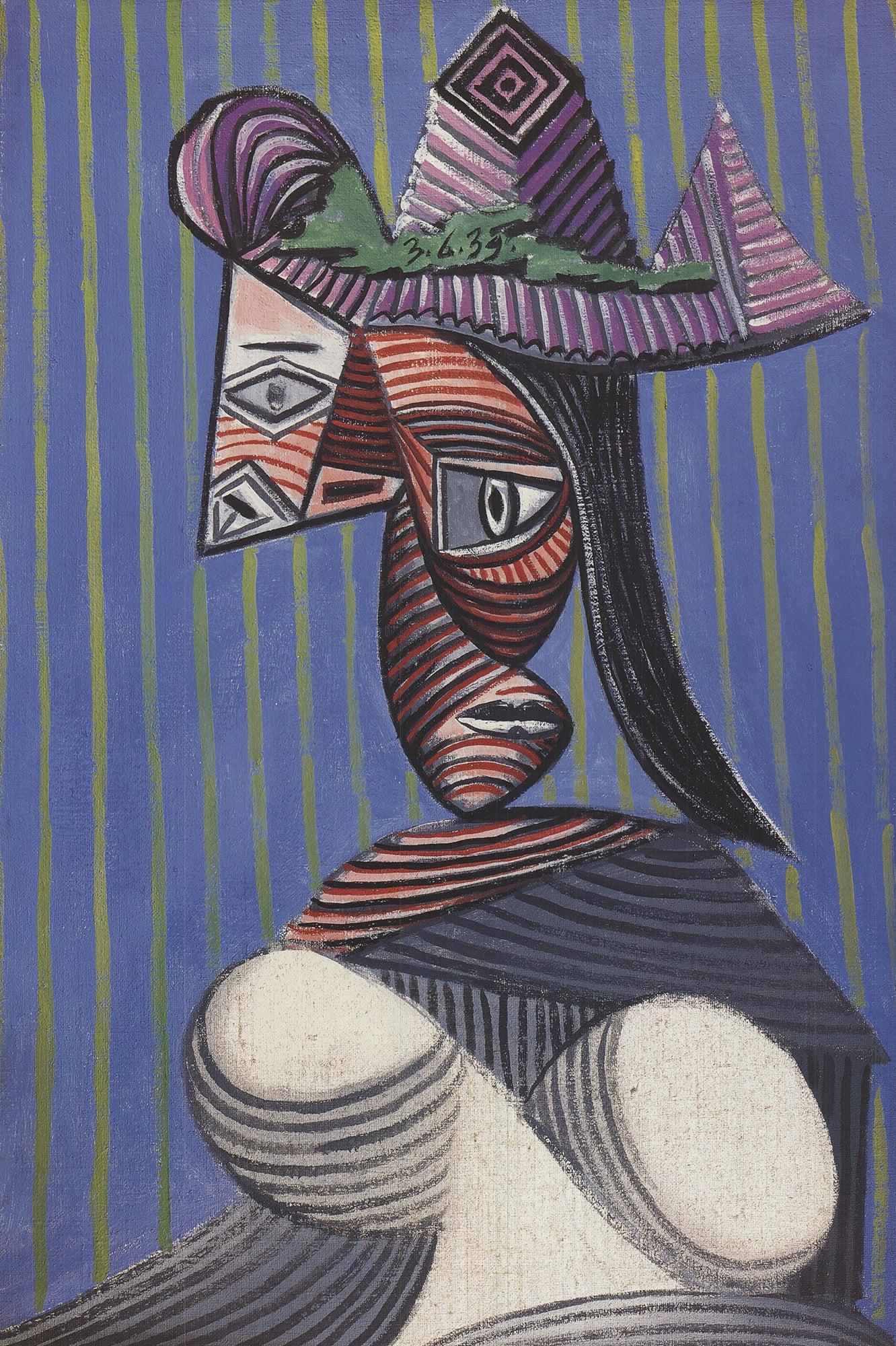 Bust einer Frau mit gestreiftem Hut (Grau), Animal Print, von Pablo Picasso