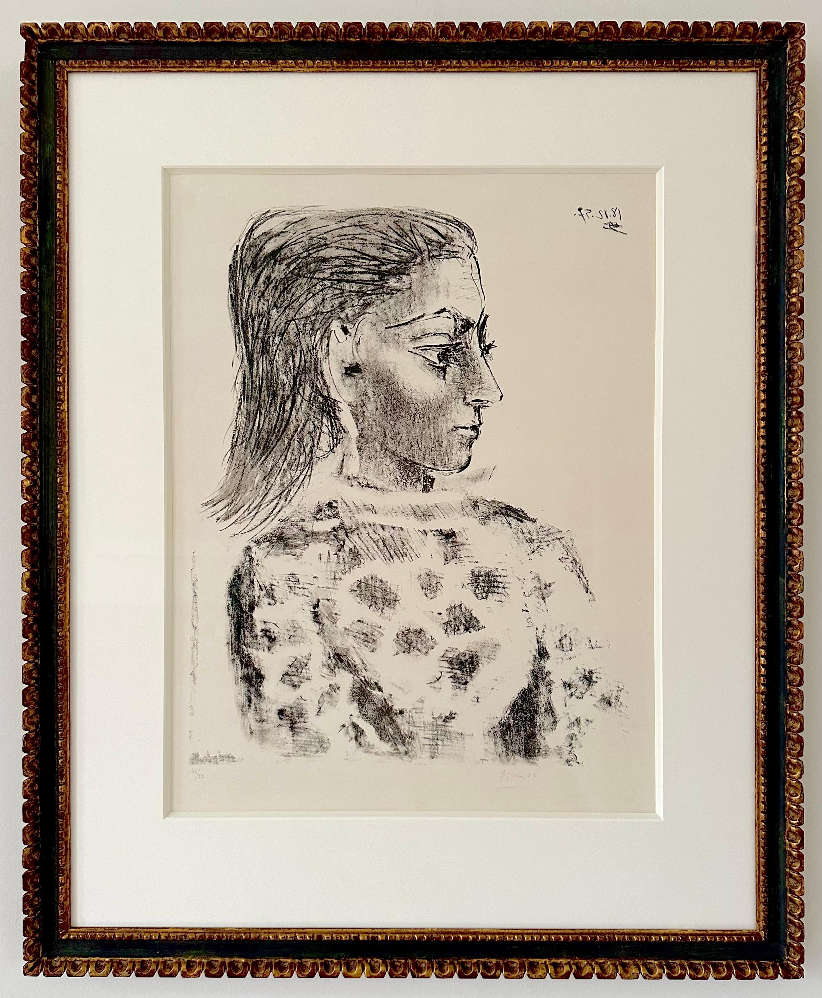 Buste au corsage à carreaux - Gris Portrait Print par Pablo Picasso