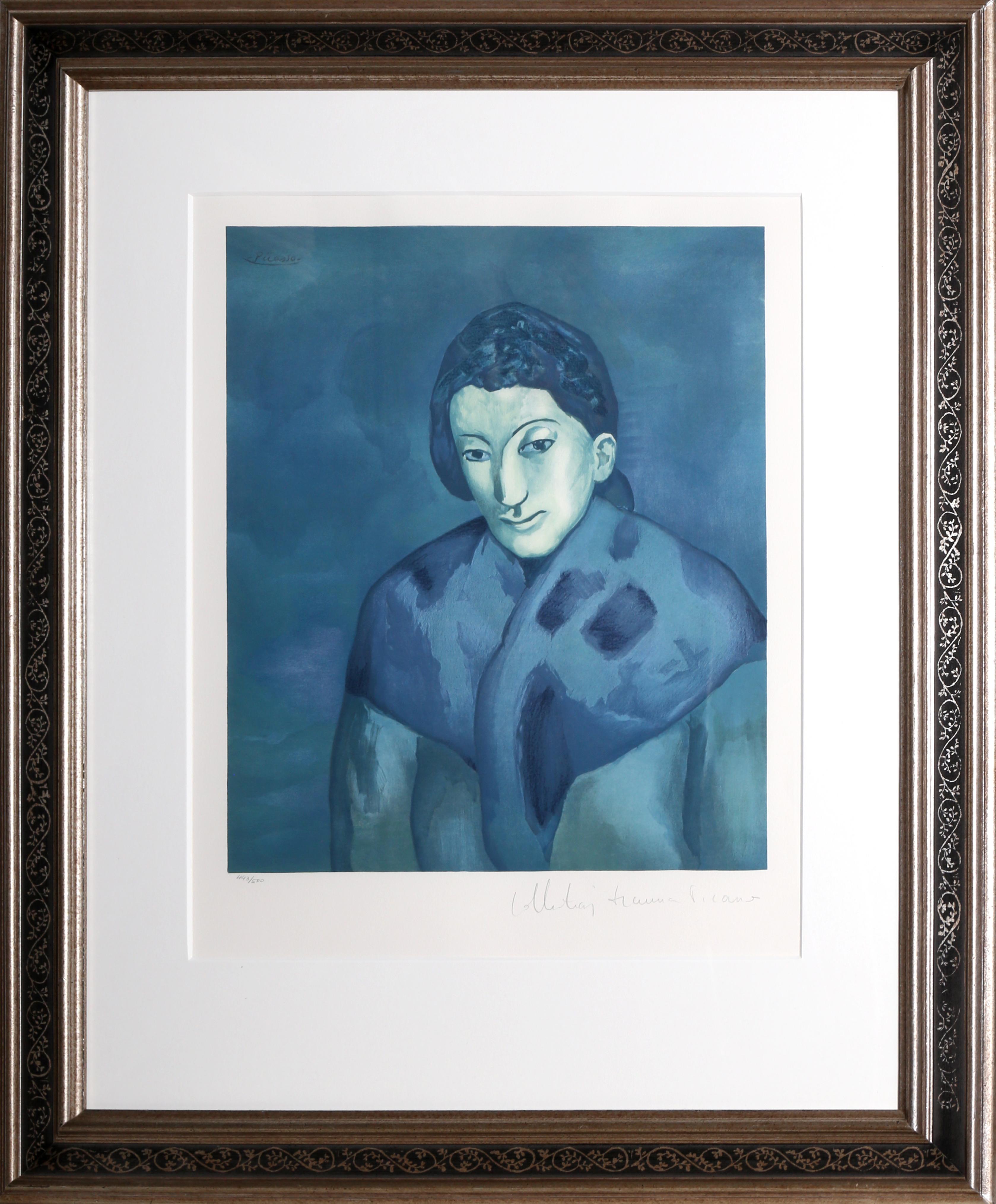 Eine Lithographie aus der Nachlasssammlung Marina Picasso nach dem Gemälde "Buste de Femme" von Pablo Picasso.  Das Originalgemälde wurde 1902 fertiggestellt. In den 1970er Jahren, nach Picassos Tod, autorisierte Marina Picasso, seine Enkelin, die