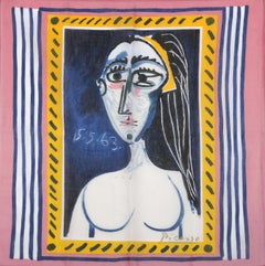 Buste de Femme Nue Face, sérigraphie cubiste sur foulard en satin (after Pablo Picasso)